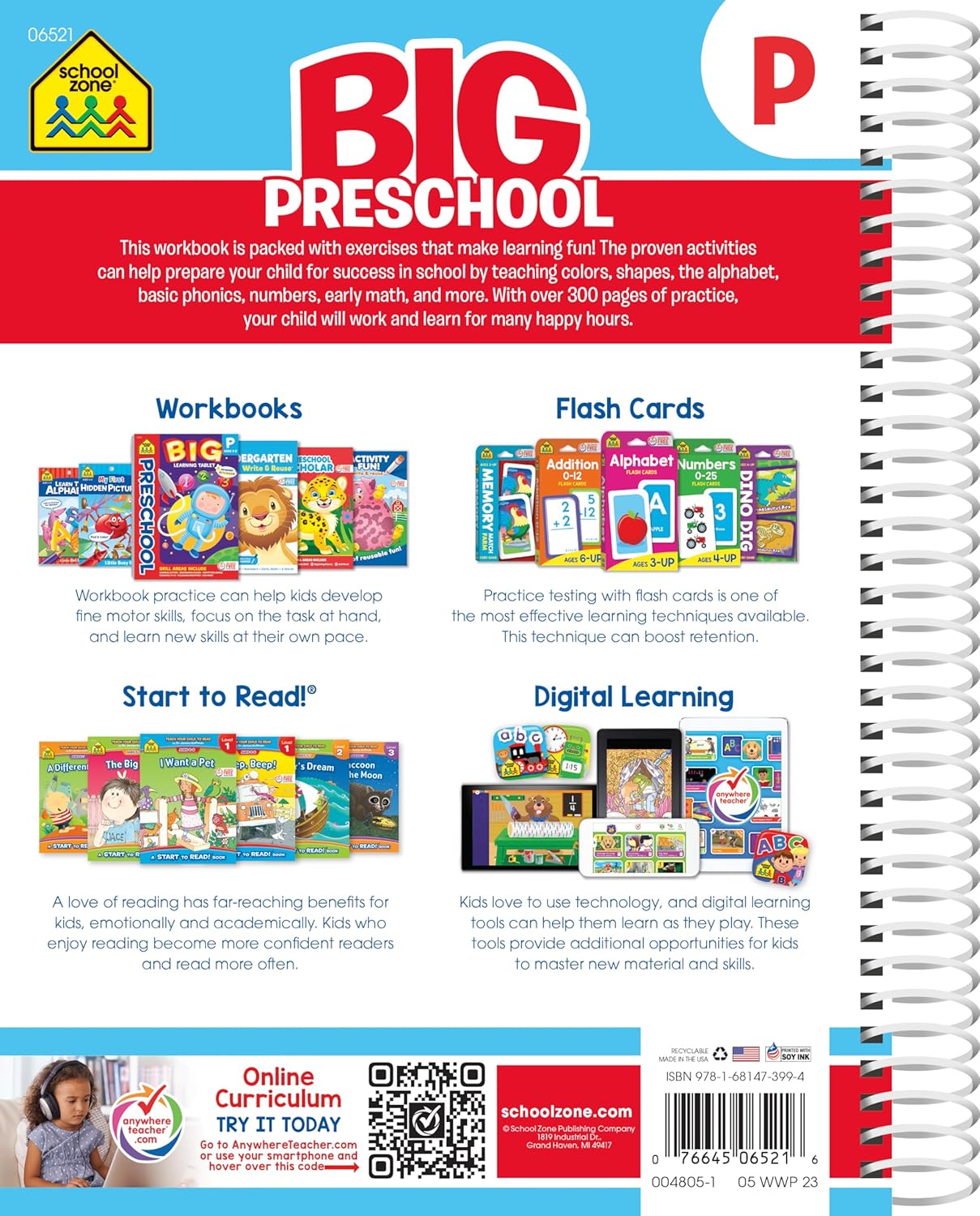 School Zone Big Preschool Workbook: 320 Spiral-Bound Pages, Pre-K, Colors, Shapes, Numbers, Early Math, Alphabet, Pre-Writing, Phonics, Following Directions, Ages 3-5