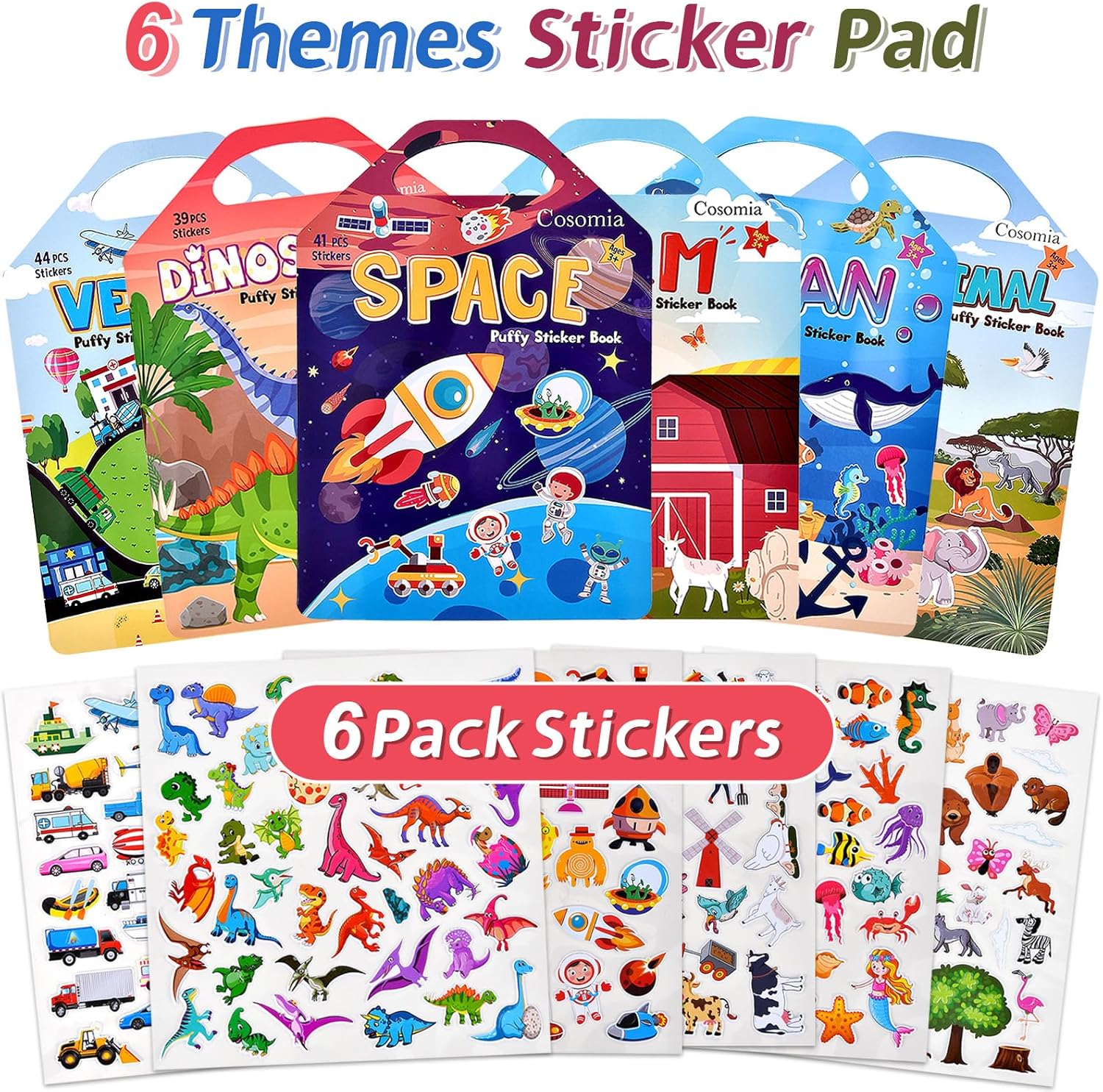 Alternative view of 6 Set (260pcs) Puffy Sticker Books Activity for Kids, Animal, Farm, Dinosaurs, Space, Vehicle, Ocean, 3D Reusable Stickers for Boys and Girls, Travel Sticker Books for Kids Ages 3+