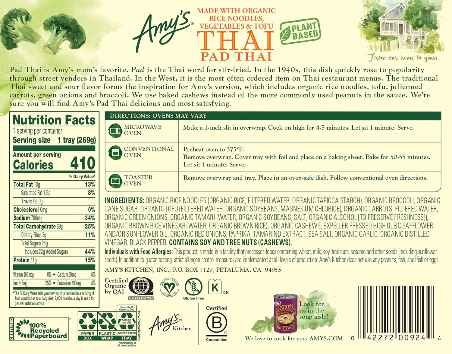 Amy's Frozen Meals, Pad Thai, Made with Organic Rice Noodles, Broccoli and Carrots, Vegan & Gluten Free, 9.5 oz