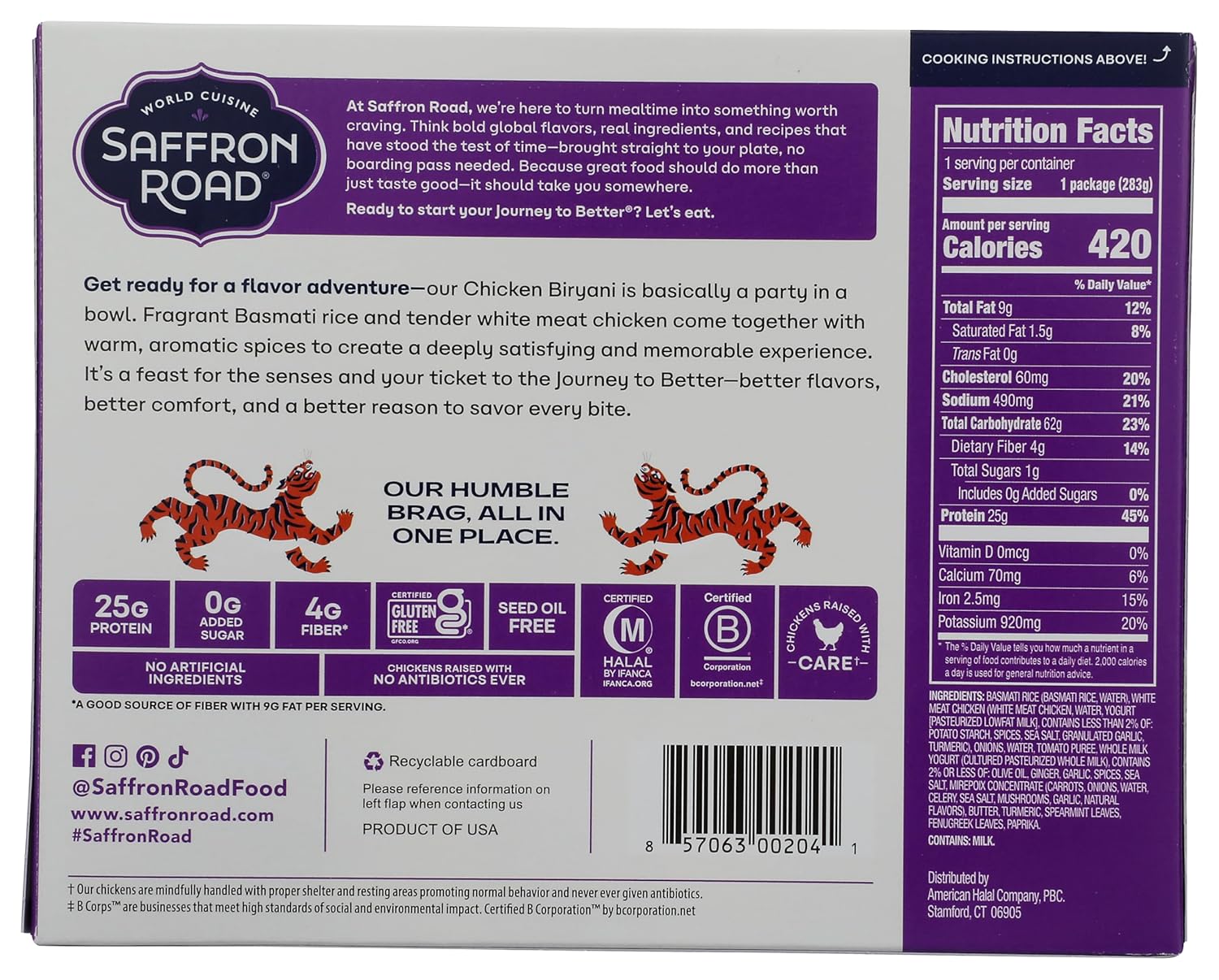 Saffron Road Frozen Chicken Biryani – High Protein, Seed Oil Free, Chickens Raised with No Antibiotics, No Artificial Ingredients, Gluten-Free – 10 Ounce