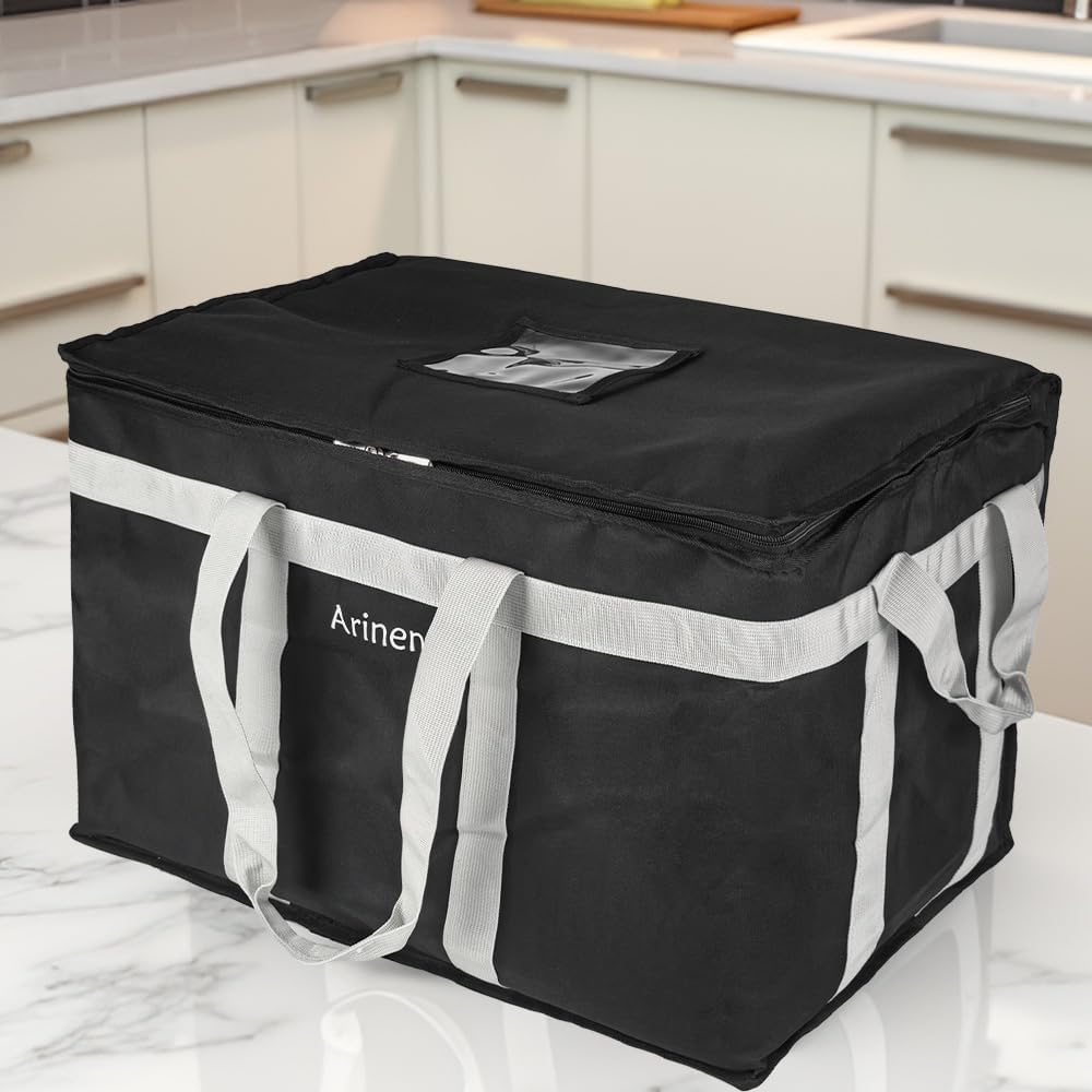 Arineng Food Delivery Insulated Bag, Insulated Cold Meal Bag, Built-in Base Plate, For Hot and Cold Food Takeout, Commercial Catering Transportation - 23 * 14 * 15 inches (Partitioned, Black)