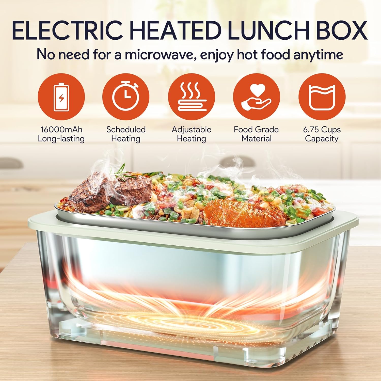GAOCO Cordless Electric Heated Lunch Box, 6.75 Cups and 16,000mAh Rechargeable Portable Heater/Warming Lunch Box with Insulated Lunch Bag & Scheduled Self Heating Lunchbox for Men Women (Fruit Green)
