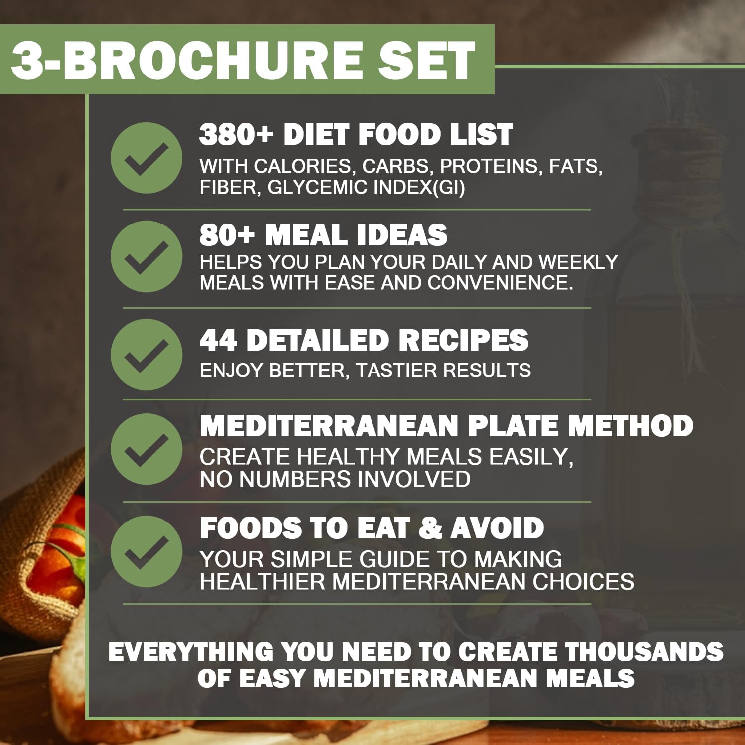 3 Mediterranean Diet Charts - Food List, Easy Meal Plan & Recipes, Beginner Guide with Serving Sizes, Net Carbs, Calories, Mediterranean Diet for Weight Loss, Diabetes - Friendly, Heart Health