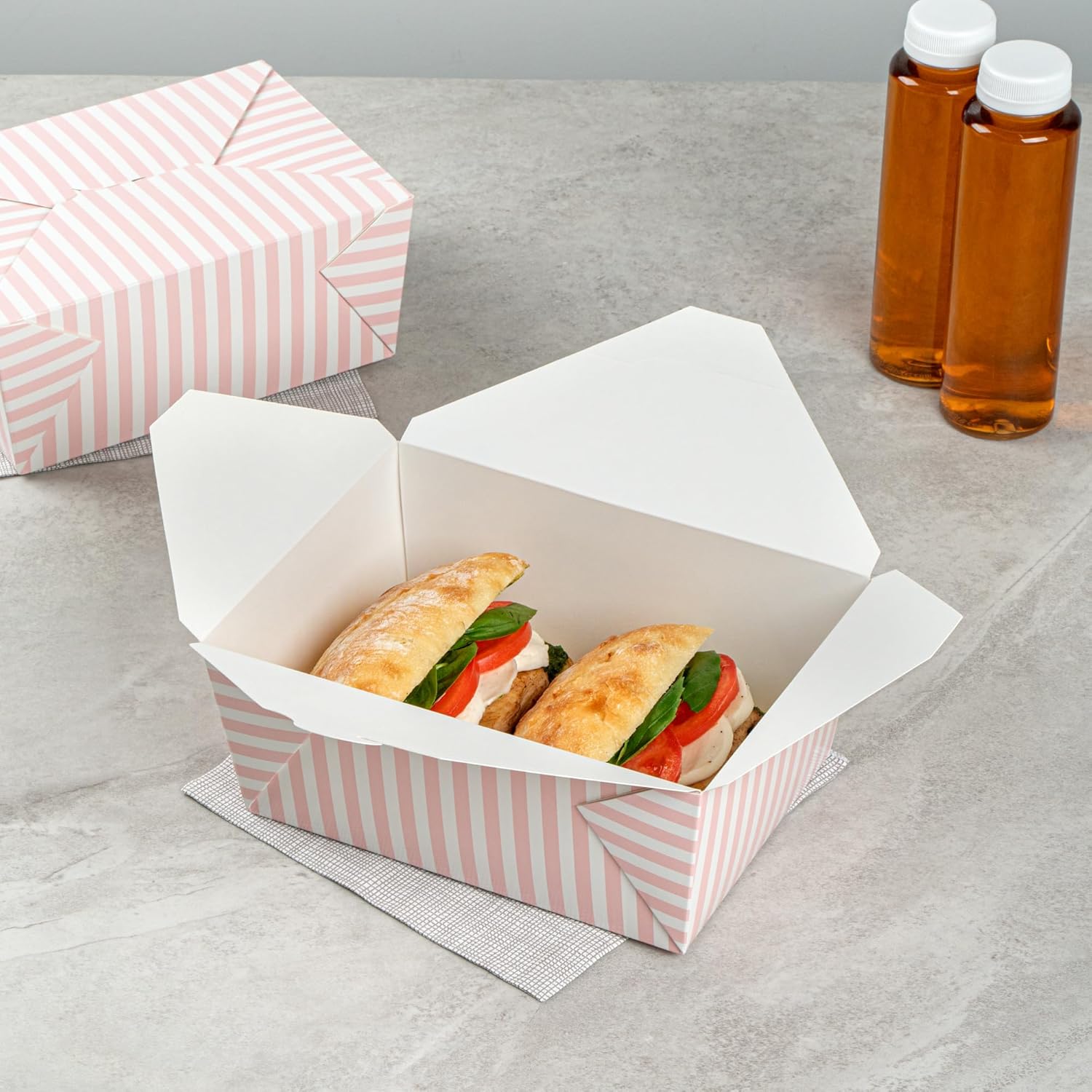 Restaurantware-Bio Tek 8.5 x 6.2 x 3.5 Inch Food Containers, 200 Durable Takeaway Boxes - Disposable, Striped, Pink And White Paper 98 Ounce Takeout Boxes, Rectangle, For Takeouts And Delivery
