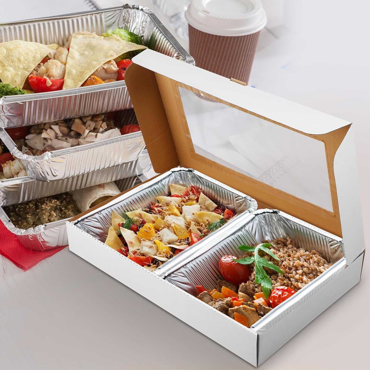 Janlaugh 10 Pack Catering Corrugated Box 21 x 13 x 3 Inch Food Delivery Container Full Pan Corrugated with Window Secure Stackable Cardboard Food Boxes for Takeout Delivery