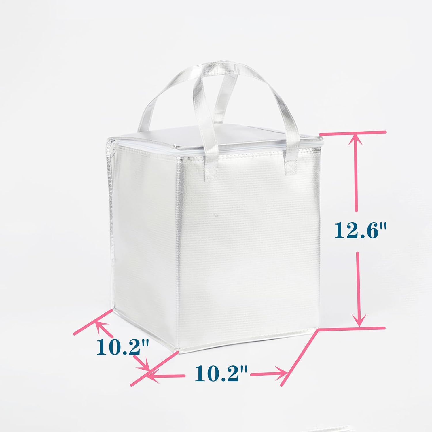 10.2×10.2×12.6" Reusable Insulated Zipper Aluminum Foil Tote Bag Suit for Picnic Cake FruitDrink Refrigeration Also for Delivery of Takeaway Thermal Pizza Insulated Delivery (Laser Silver)