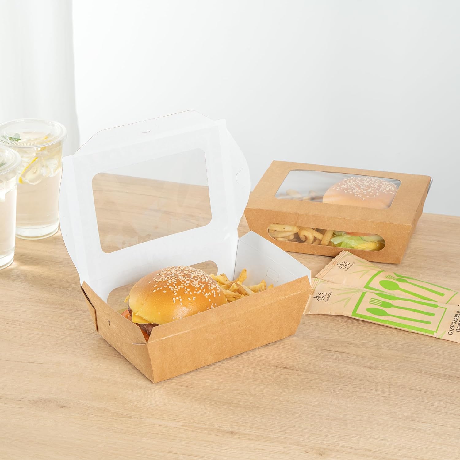 Restaurantware Cafe Vision 28 Ounce Food Boxes 50 Greaseproof Baked Goods Gift Boxes - Built-In Clamshell Lid 2 Windows Kraft Paper Brownie Boxes For Meals And Desserts- Restaurantware