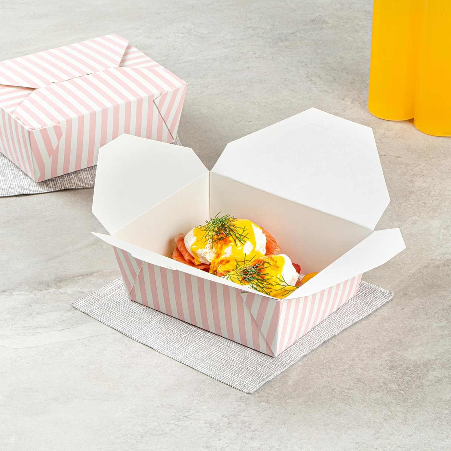 Restaurantware-Bio Tek 6.7 x 5.5 x 2.6 Inch Food Containers, 50 Durable Takeaway Boxes - Disposable, Striped, Pink And White Paper 45 Ounce Takeout Boxes, Rectangle, For Takeouts And Delivery