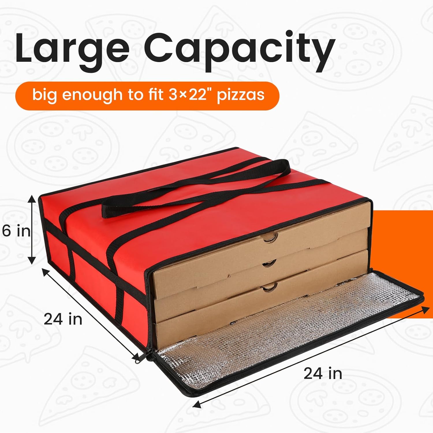 Bodaon Pizza Bags for Delivery, 24" x 24" x 6" Insulated Pizza Delivery Bag Thermal Carrier, Catering and Food Warmer Bag for Hot Box Transport, Pizza Warmer Carrier for Delivery Drivers, Red, 1-Pack