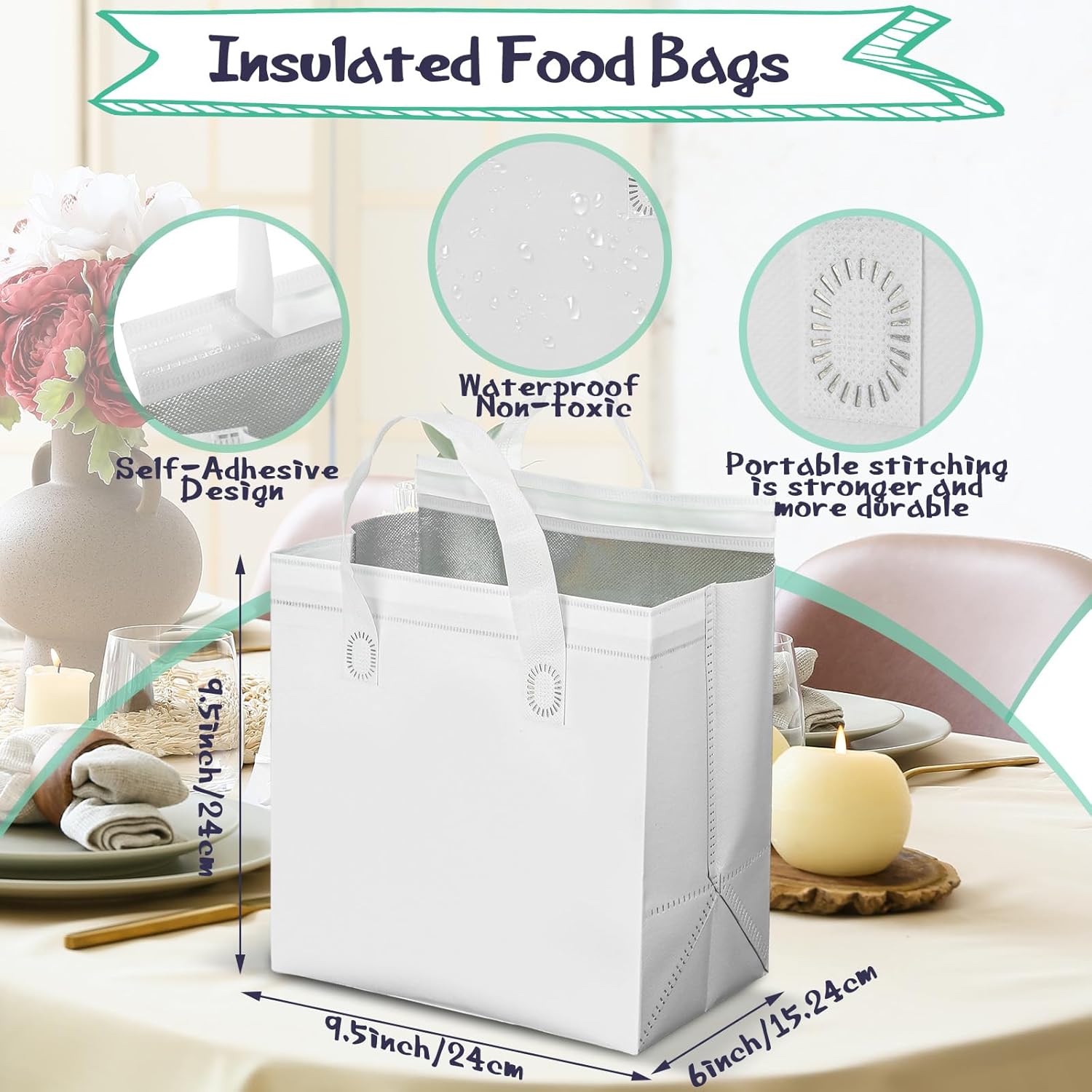 Kacctyen 100 Pcs Insulated Take Out Bags Bulk 9.5 x 6 x 9.5 in Thermal Insulation Food Bag for Coffee, Milk Tea, Hot Cold Food, Delivery Cooler Bag for Catering Restaurant Grocery Picnic (White)