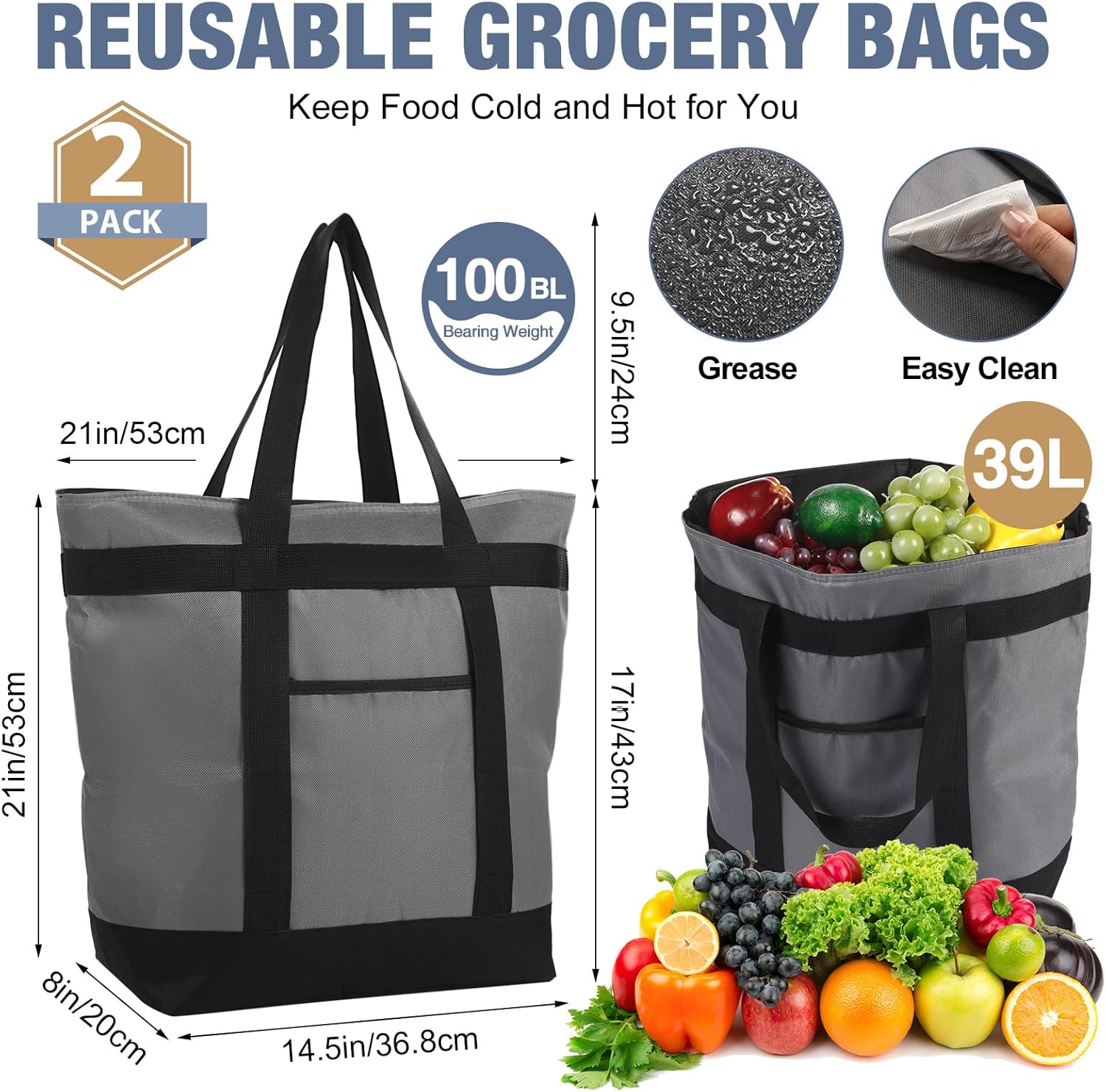 Pickmesh 2 Pcs Large Insulated Cooler Bag with Thermal Foam Insulated Grocery Bags for Shopping Food Delivery Travel Beach and Picnic