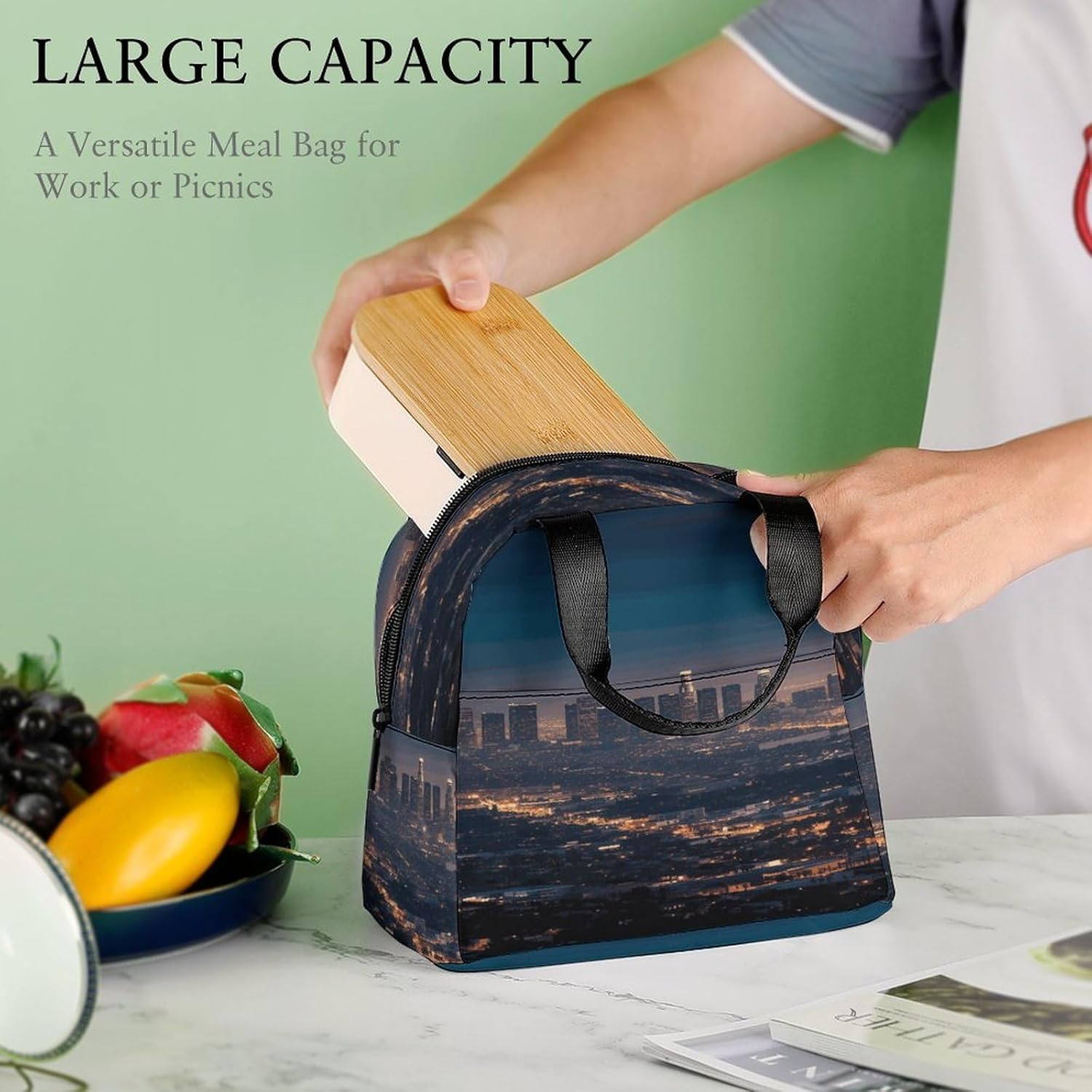 Los Angeles Skyline Lunch Box Reusable Cooler Tote with External Pocket Large Capacity Insulation Bag Leakproof Food Delivery Bags for Cold Meal for Work And Picnic