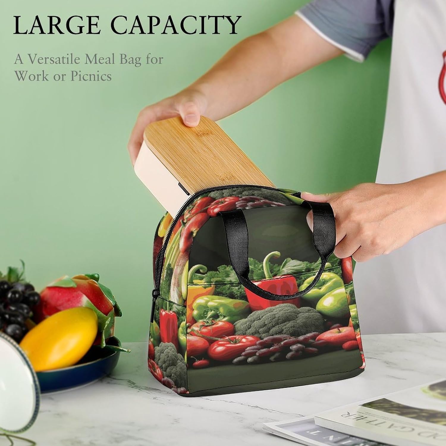 Fruits And Vegetables Lunch Box Reusable Cooler Tote with External Pocket Large Capacity Insulation Bag Leakproof Food Delivery Bags for Cold Meal for Work And Picnic