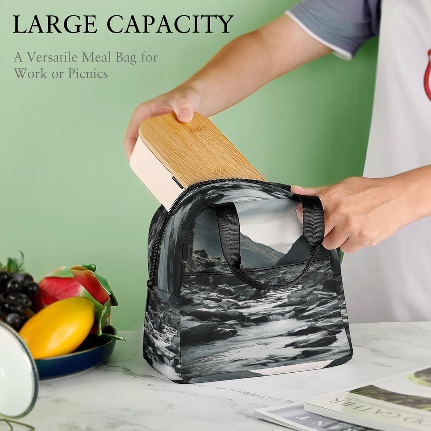 River And Gray Rocks Lunch Box Reusable Cooler Tote with External Pocket Large Capacity Insulation Bag Leakproof Food Delivery Bags for Cold Meal for Work And Picnic