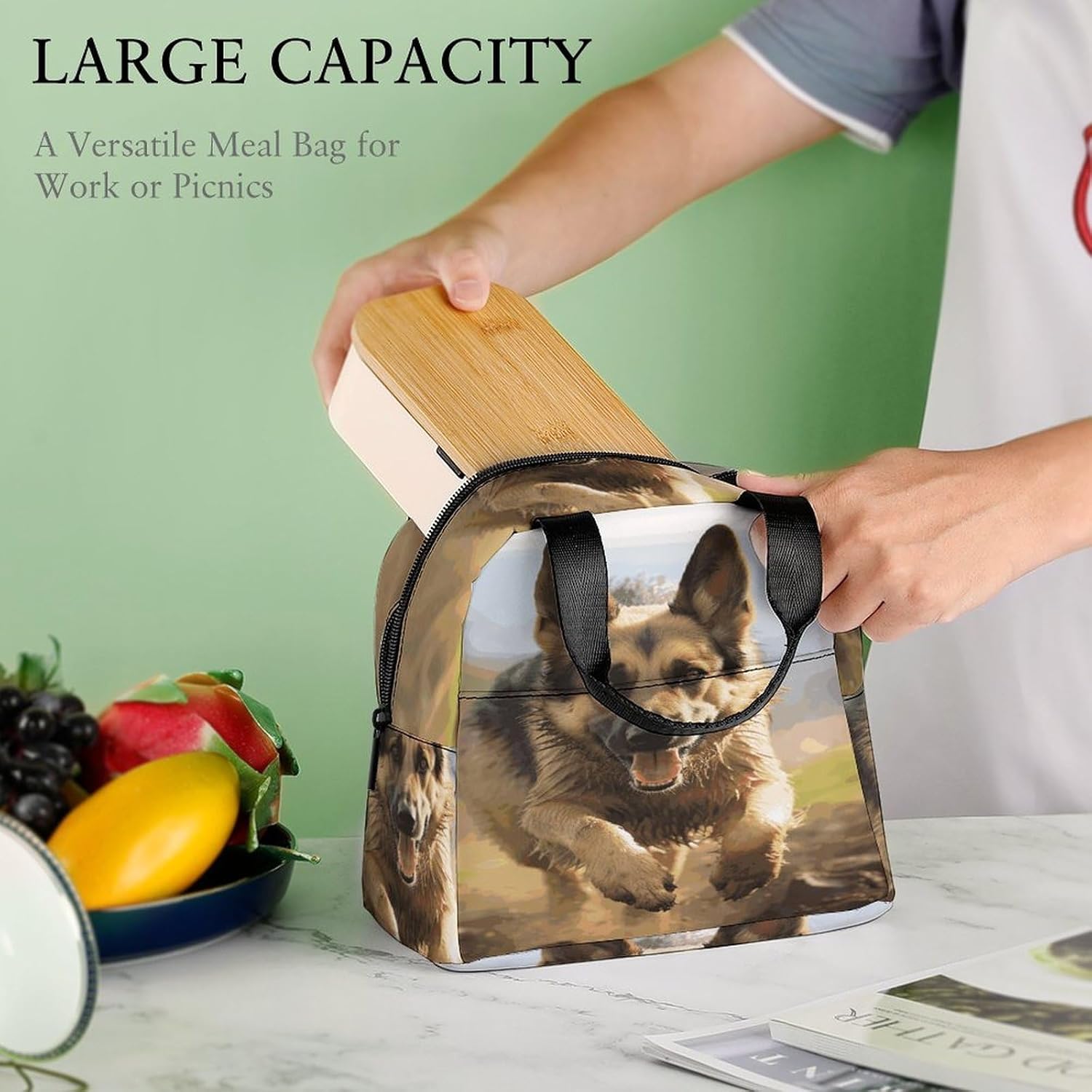 Running German Shepherd Dog Lunch Box Reusable Cooler Tote with External Pocket Large Capacity Insulation Bag Leakproof Food Delivery Bags for Cold Meal for Work And Picnic