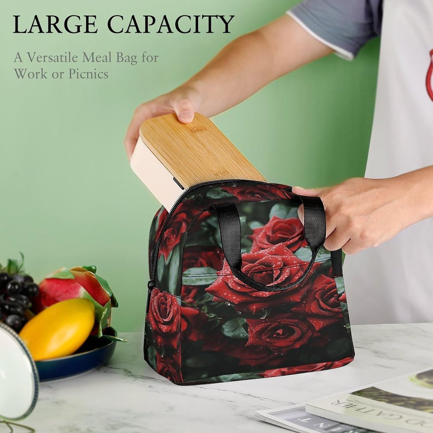 Red And Black Rose Lunch Box Reusable Cooler Tote with External Pocket Large Capacity Insulation Bag Leakproof Food Delivery Bags for Cold Meal for Work And Picnic