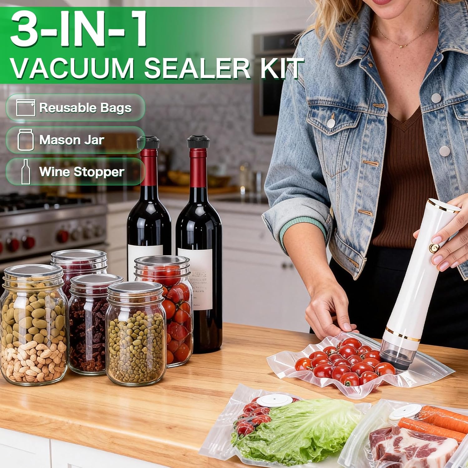 Kelongn 3-IN-1 Compact Vacuum Sealer for Food with Reusable Bags & Mason Jar Kit, Ultra-long 100-minutes Vacuuming Time, 6X Freshness Keep for Home Kitchen RV Travel Seal Meal