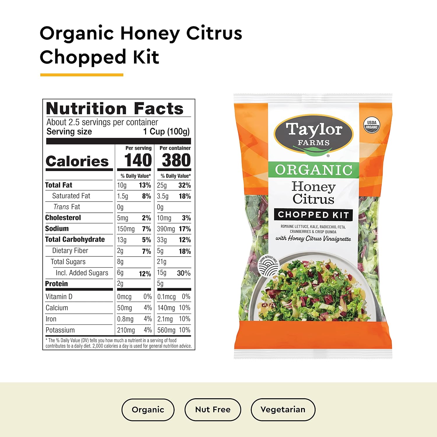 Taylor Farms Organic Honey Citrus Chopped Salad Kit, 8.8oz