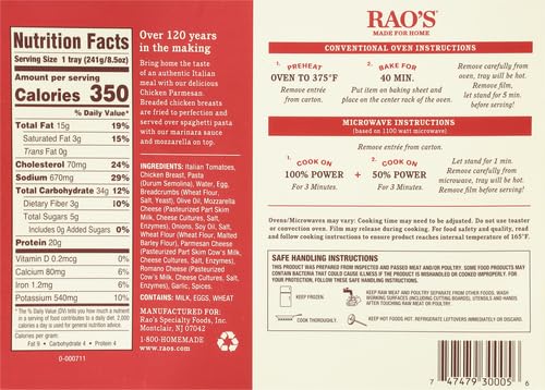 Rao's Made for Home Chicken Parmesan, Frozen Meals, 8.5 oz, Premium Quality Italian Tomatoes, Chicken, and Parmesan