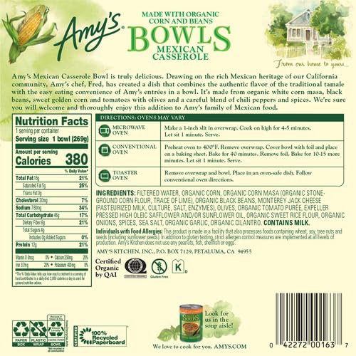 Amy's Frozen Meals, Mexican Casserole Bowl, Made with Organic Tomatoes, Corn and Black Beans, Gluten Free, 9.5 oz.