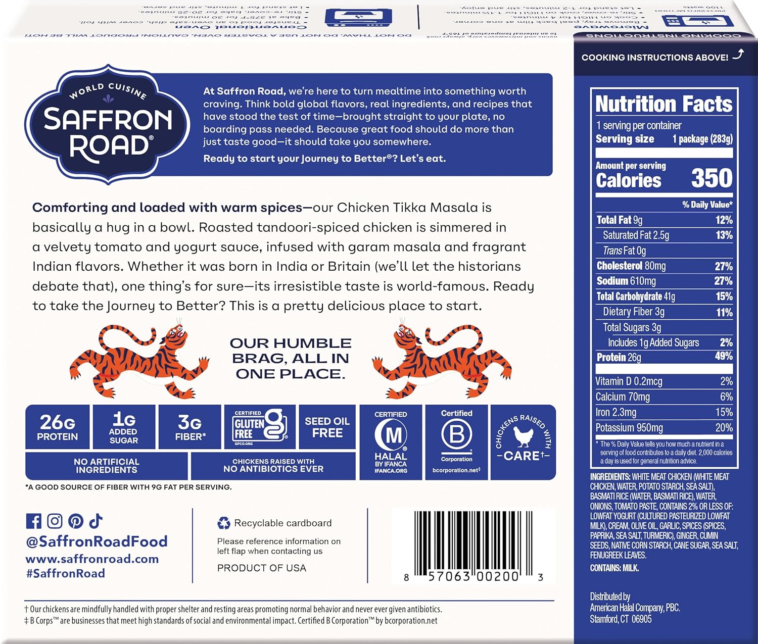 Saffron Road Frozen Chicken Tikka Masala u2013 High Protein, Seed Oil Free, Chickens Raised with No Antibiotics, No Artificial Ingredients, Gluten-Free u2013 10 Ounce