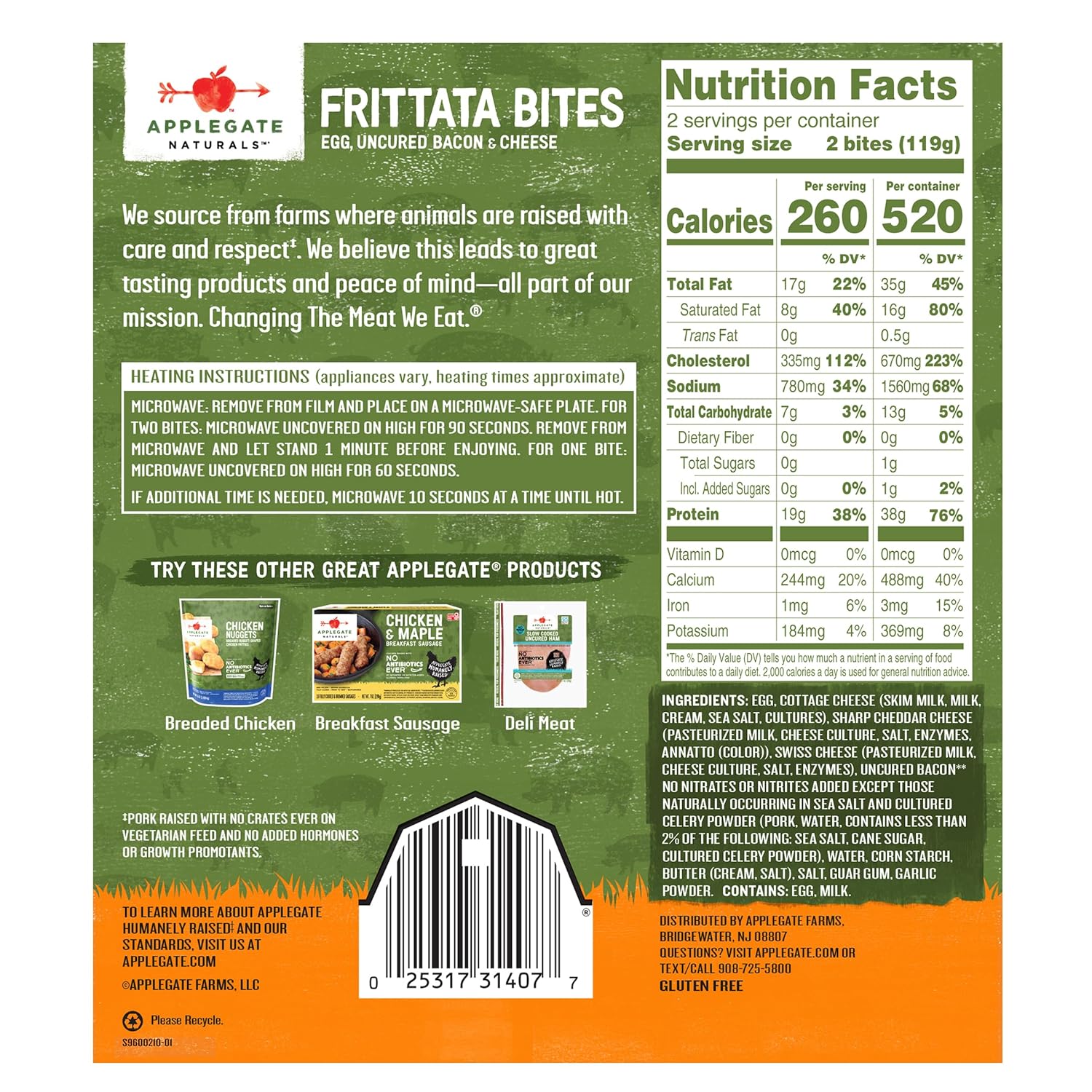 Applegate Farms Egg, Uncured Bacon & Cheese Frittata Bites, 8.4 OZ