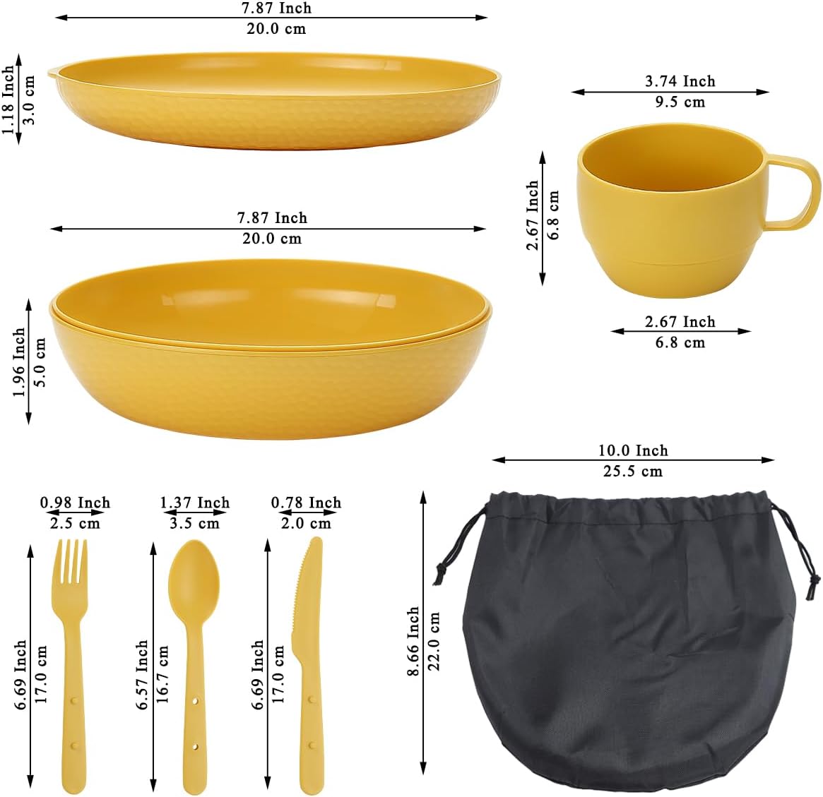 Berglander Camping Mess Kit with Bowl, Plate, Cup, Spoon, Fork, Knife and Carry Bag, Save Space, Easy to Carry, Plastic Camping Essentials Utensils for Travel, Picnic, Outdoor (Gold Yellow)