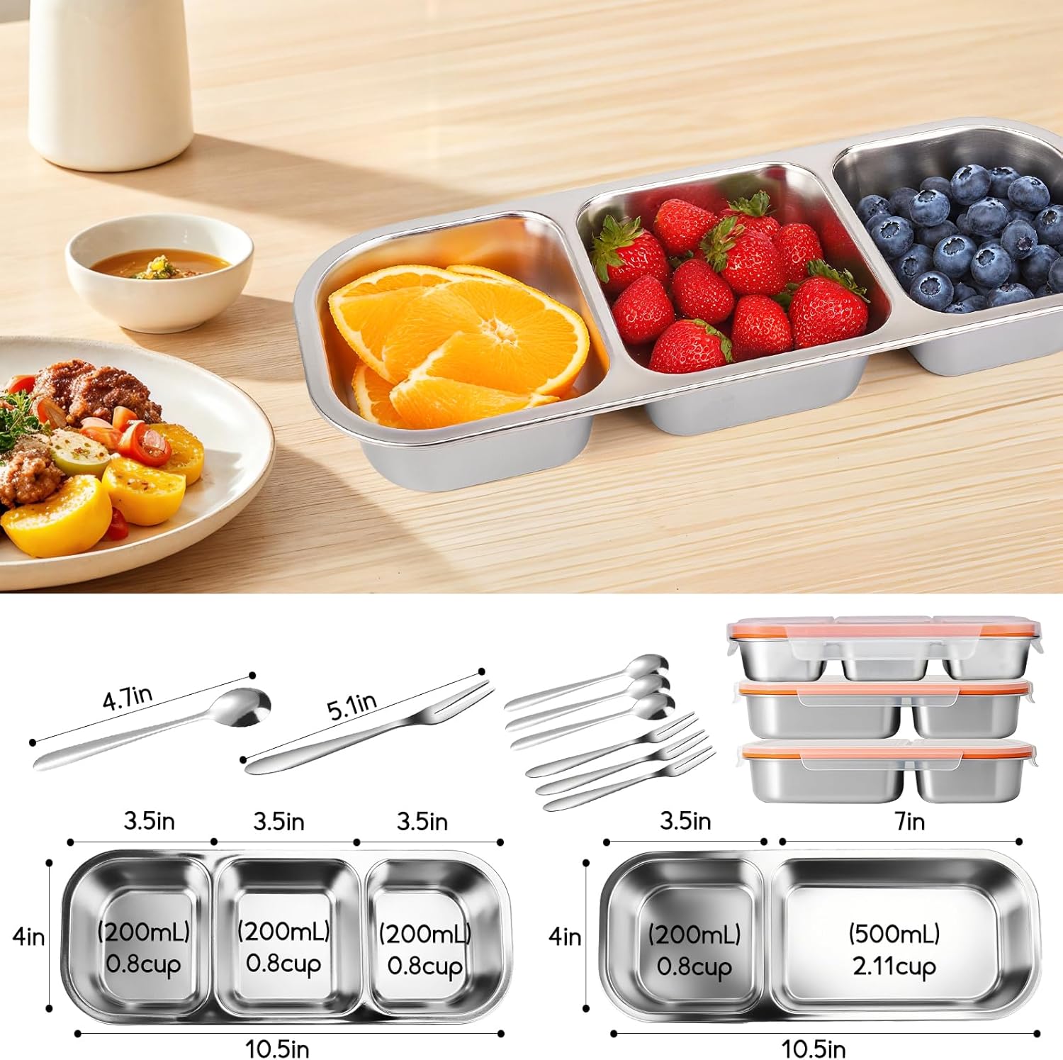 VAlinks 3 Pack Stainless Steel Snack Containers With Lids Meal Prep Bento Lunch Box 2 Compartment Snack Storage for Officer Gym Travel Camping (322)