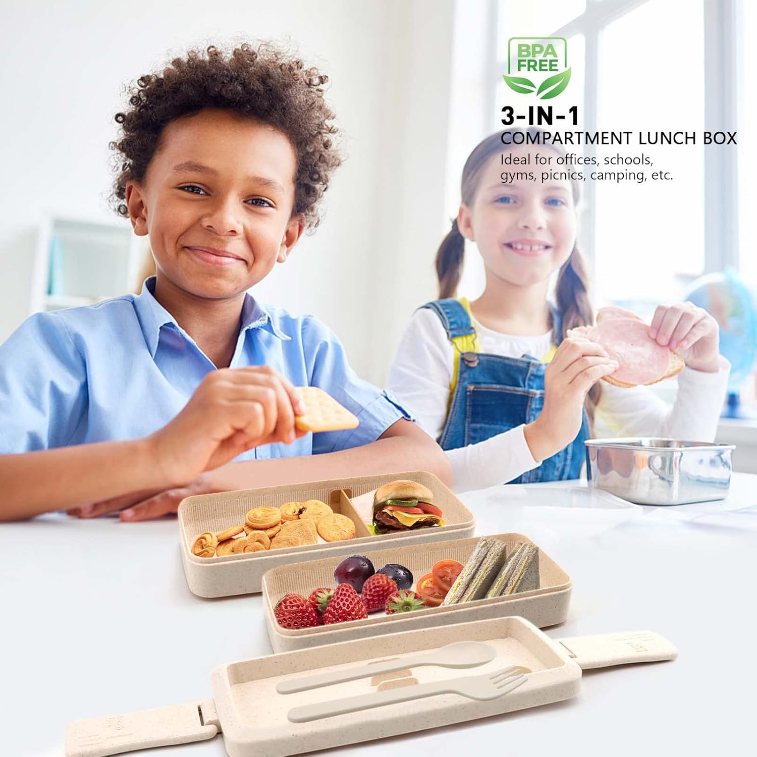 Meltset M Bento Box Japanese Lunch Box Kit Leakproof Bento Lunch Box for Kids Adults Wheat Straw 3 Layer Stackable Lunch Containers with Compartment Eco-Friendly Meal Prep Containers (Beige)