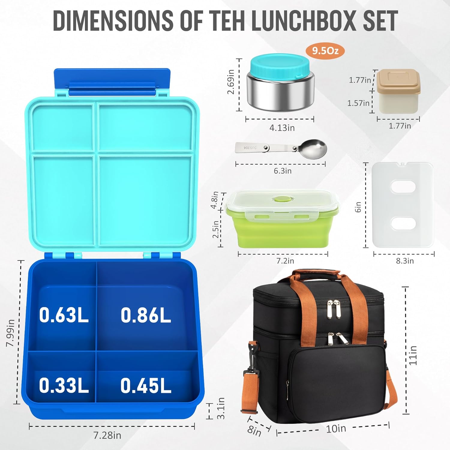 Adult Lunch Box Insulated Leak Proof Meal Prep Kit with 4-Compartment, Kids Soup Thermos for Hot & Cold Food, Lunch Box Containers for Men Women, Lunch Cooler Bag with Ice Pack for Work (Blue)
