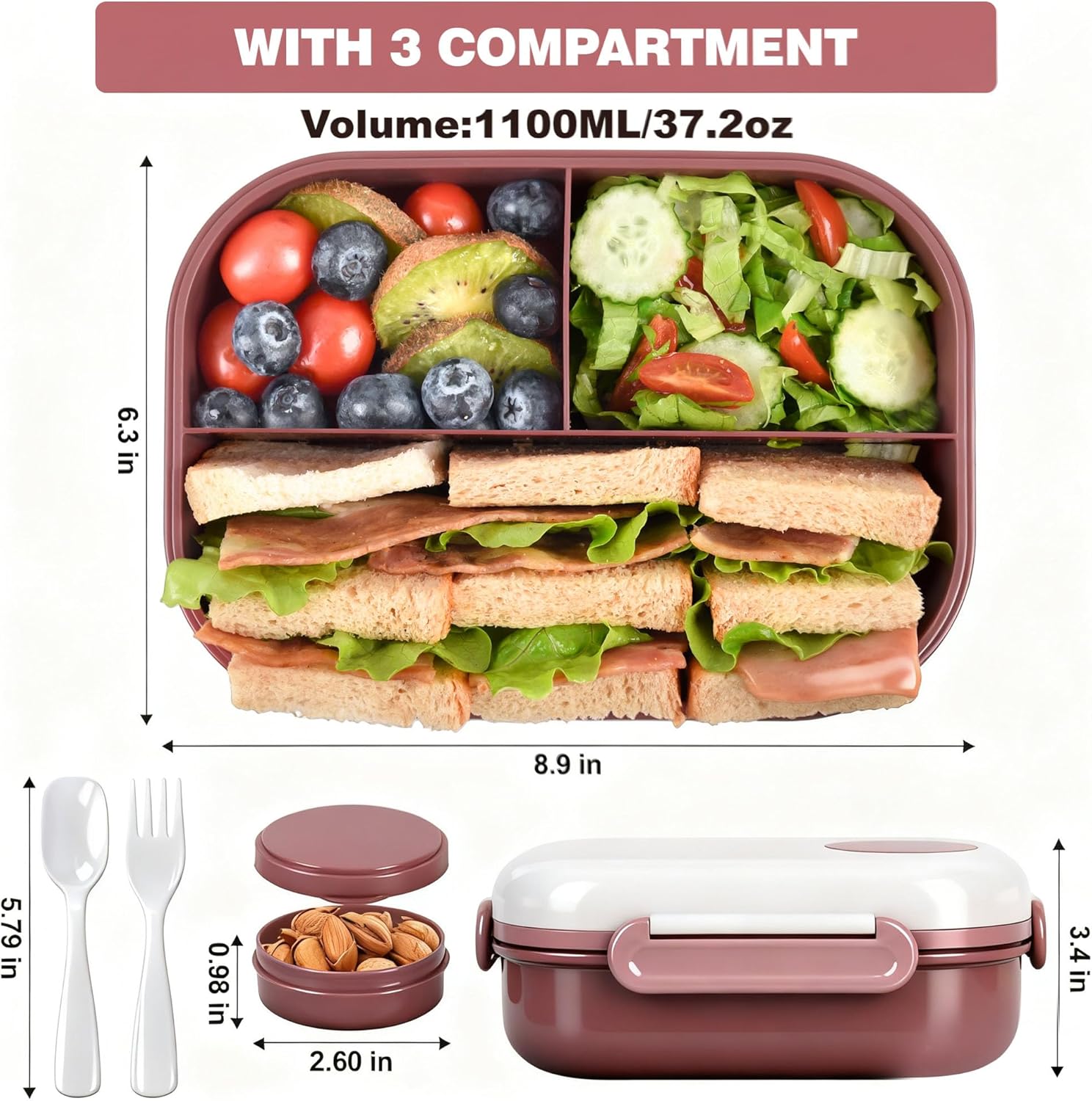 Lunch Bento Box Set - 3 Compartment Containers for Kids and Adults,lunch box for women with Thermo Lunch Bag, Leak-Proof and BPA-Free - Built-in Utensil Set,Sauce - Dishwasher Safe-Claret