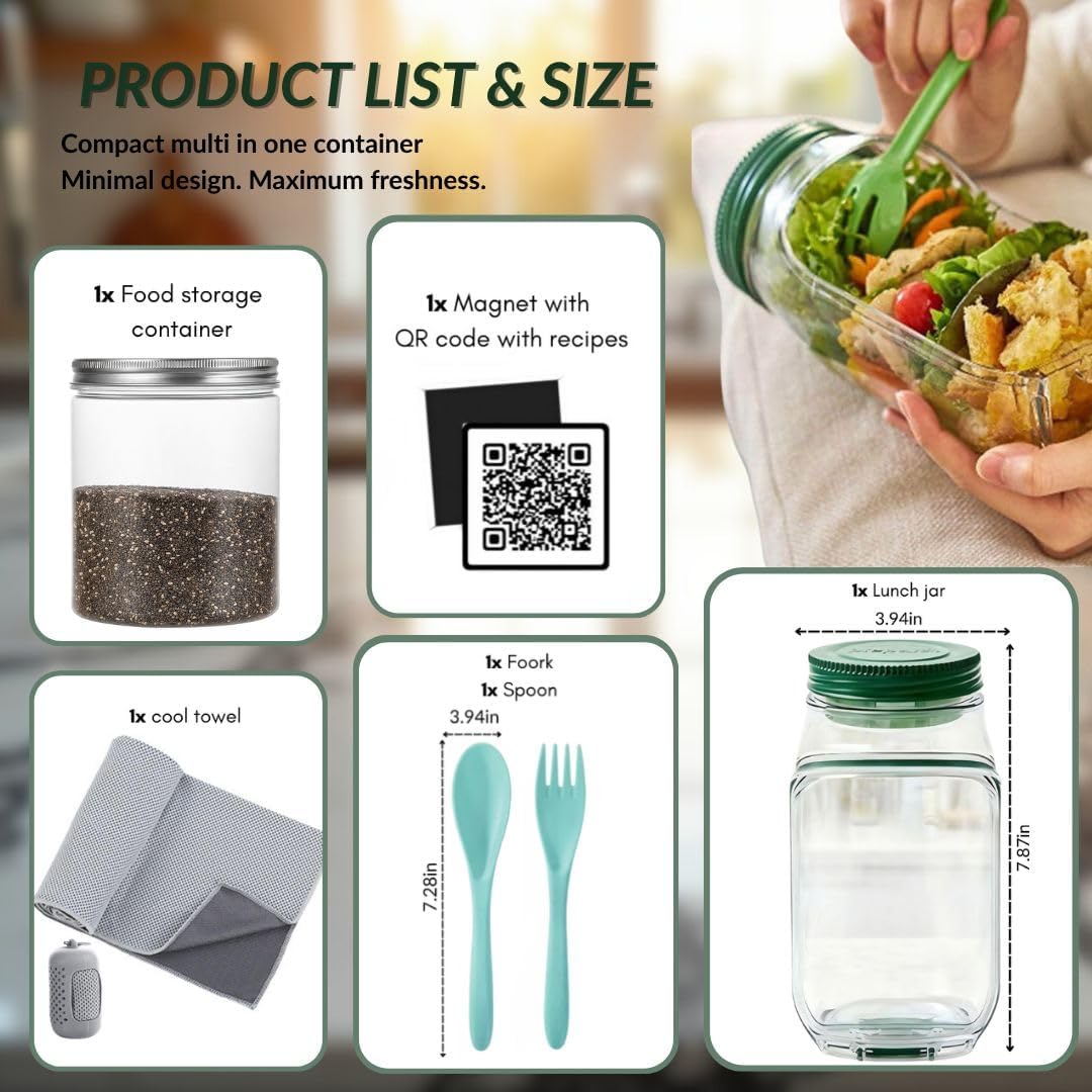 6-in-1 Salad Lunch Kit with Side-Opening Jar – Leakproof BPA-Free Container with Dressing Cup, Reusable Fork & Spoon for Healthy Lunches On-the-Go