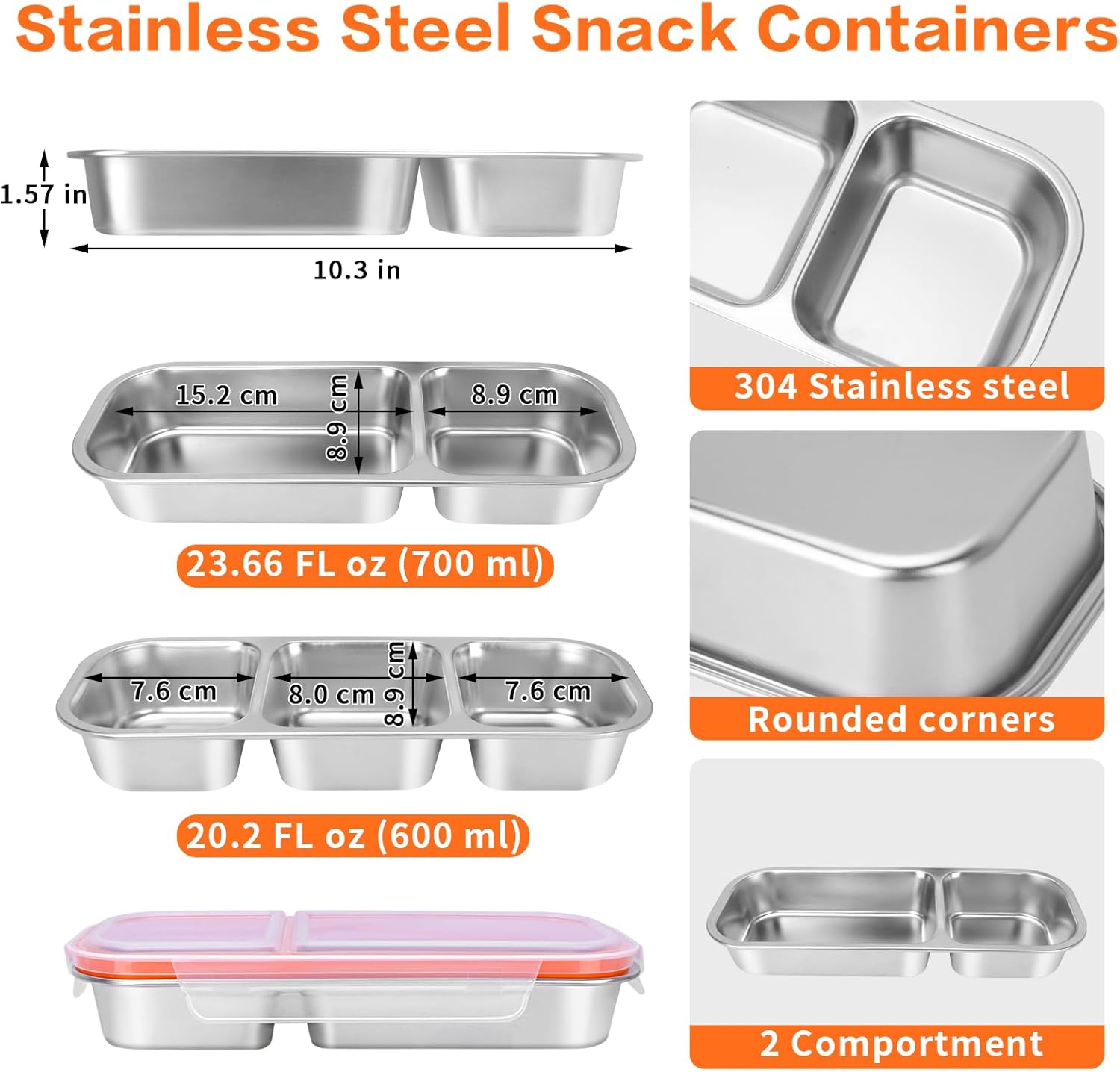 YJSLICT 4 Pack Stainless Steel Snack Containers with Lids, 3-Compartments Reusable Lunch Box for Adults, Food Storage Containers Divided Meal Prep Box for Home, Work, Travel