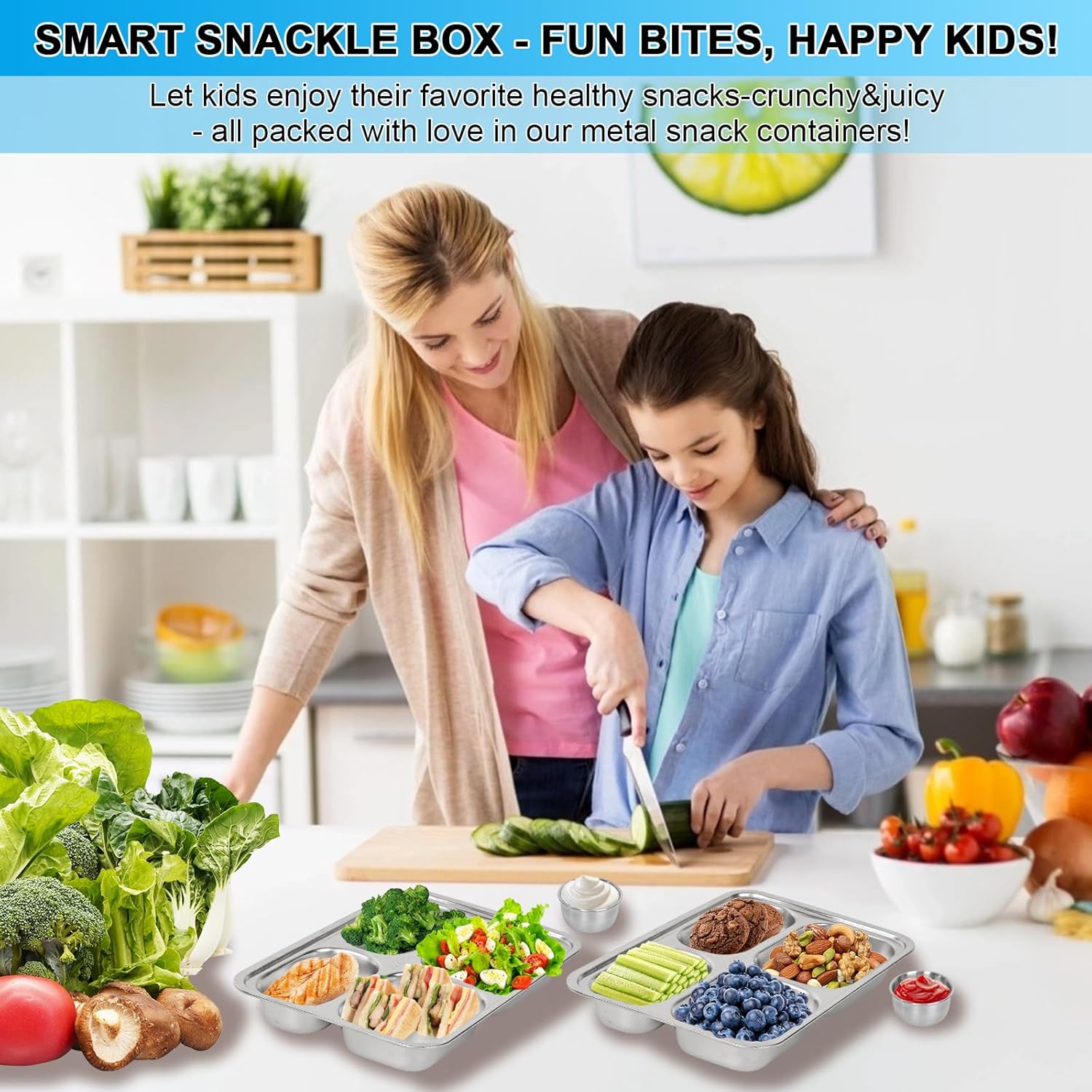 Losnakt Stainless Steel Snack Containers 2-Pack - 1 Bento Box Meal Prep Kit with 1 Dressing Containers, Condiment Bowls & Forks | Dishwasher Safe, Lunch Box for Kids Adults, School Office Travel