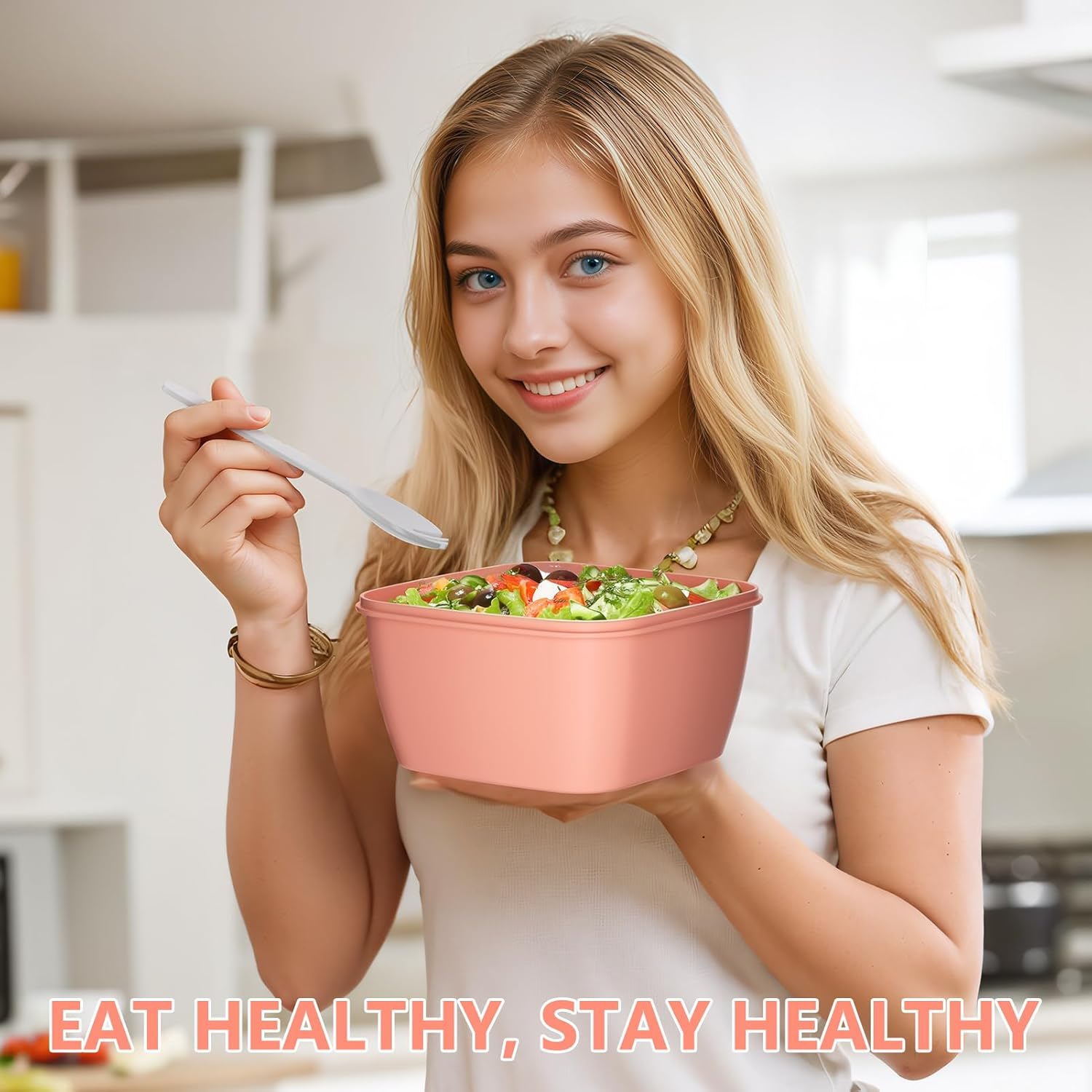 Cherrysea Salad Lunch Box, 2Pack Bowls with 3 Compartments, Leak Proof with Fork & Sauce Container - Green+Pink