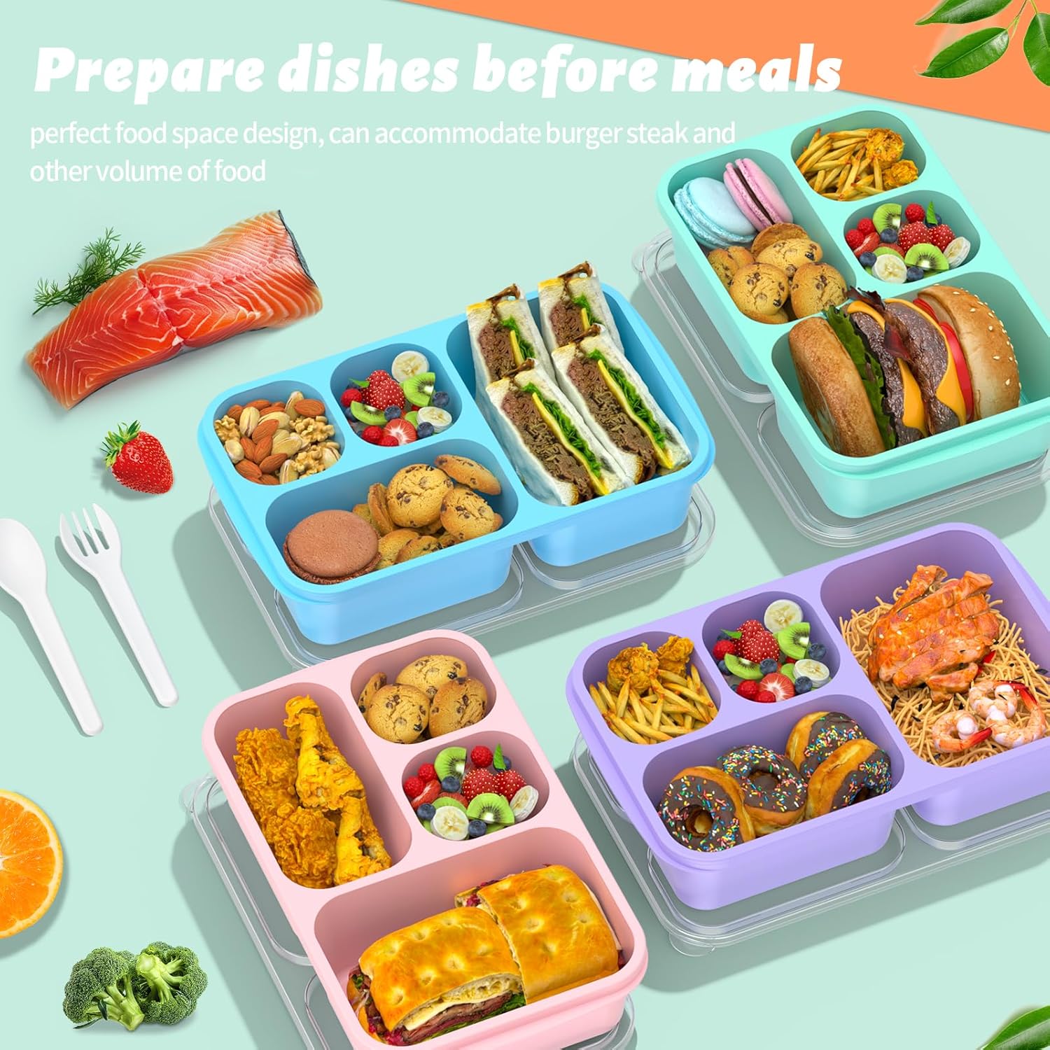Enstphjoy Bento Lunch Box - 4 Pack, 4-Compartment Meal Prep Containers, Adult Lunch Box, Microwave & Dishwasher Safe (Dark-PP(B/P/G/P))