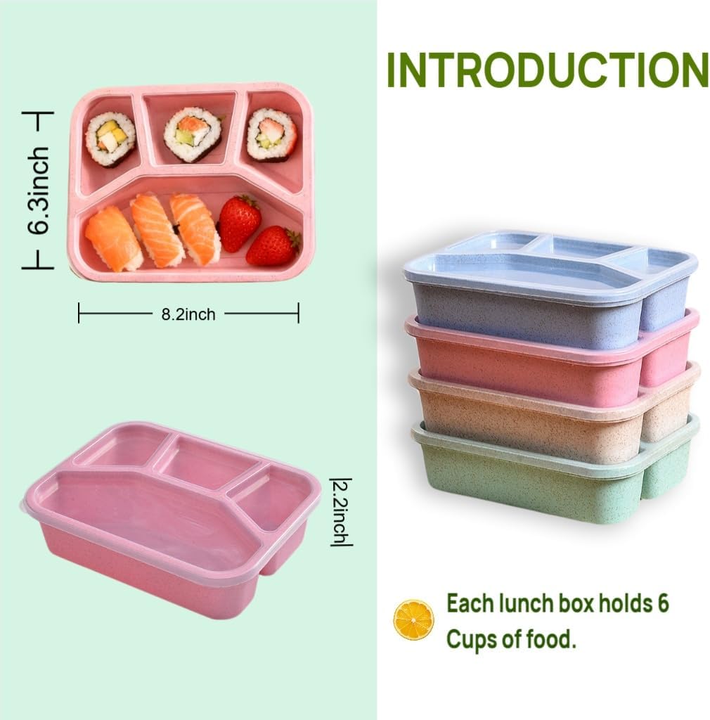 Bento Lunch Box 4-Compartment for Adults 4 Pack – Reusable Meal Prep & Snack Containers with Clear Lids, Stackable Food Storage Boxes Wheat Straw, lightweight for Work, Travel