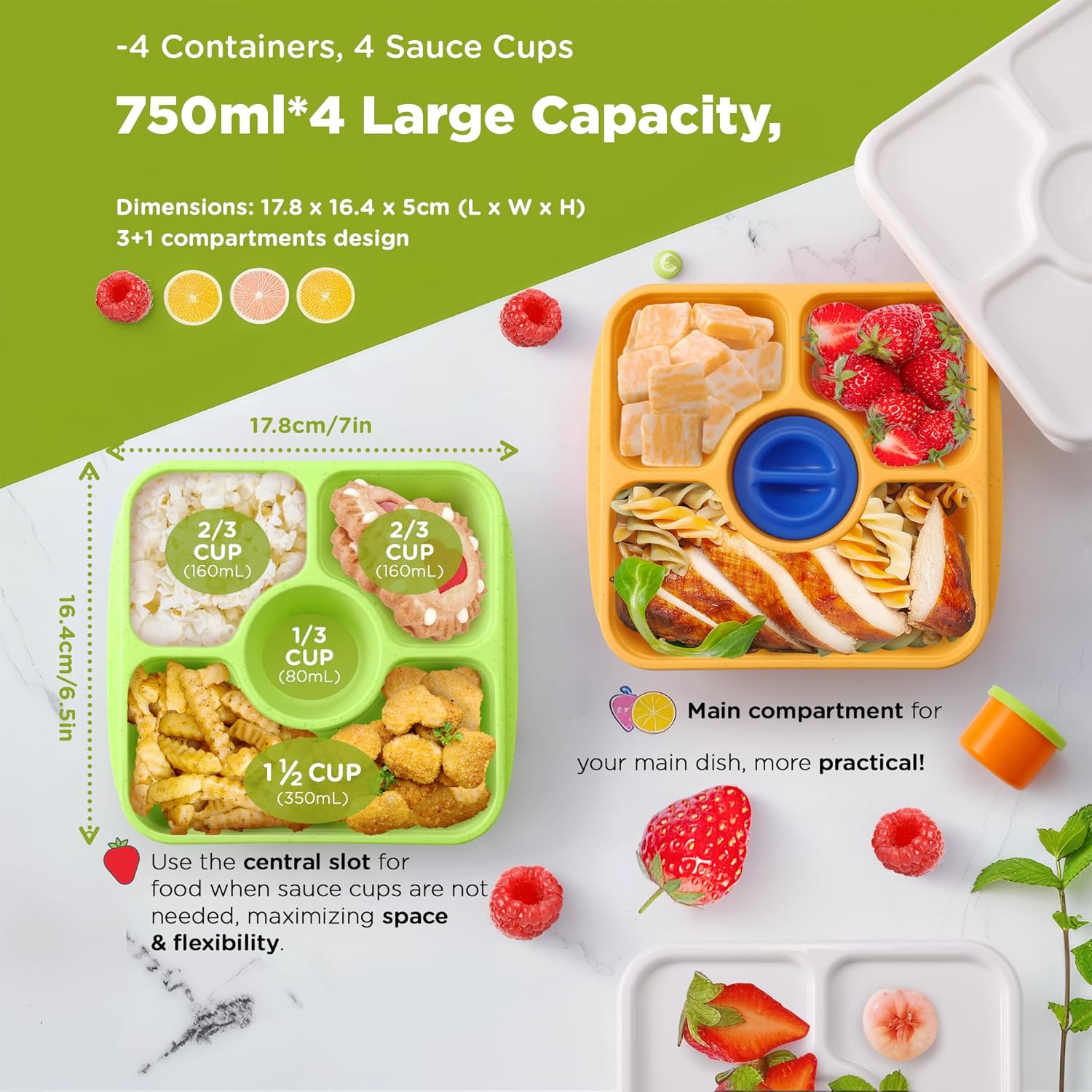 Sunhanny Jewel Color Bento Lunch Box Containers, 4 Pack Meal Food Prep Containers Reusable with Lids, Divided Food Storage Containers with Sauce Cups