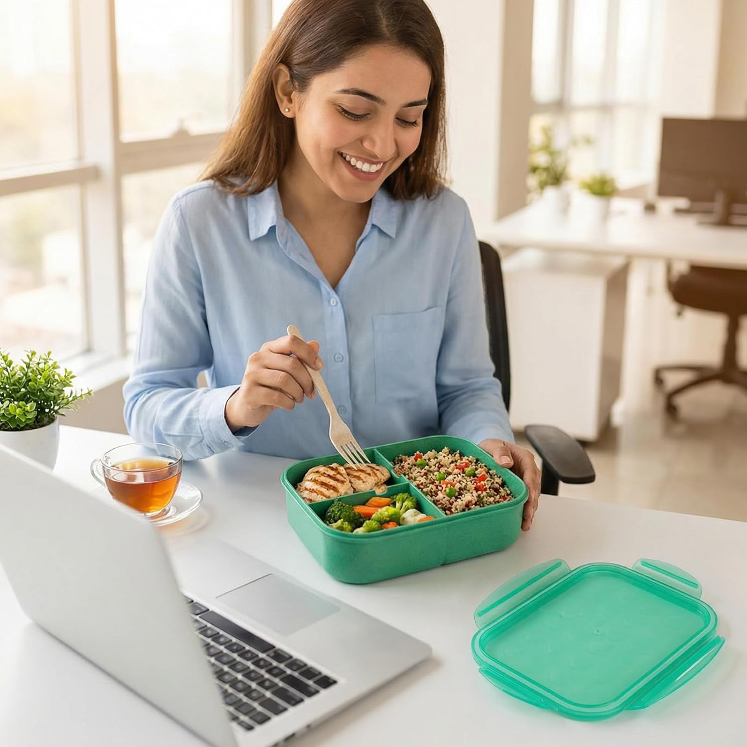 MISS BIG® Bento Box for Adults u2013 Reusable Wheat Material Lunch Box with Compartments, Leak Proof Food Container for Meal Prep, Work & Home u2013 Microwave & Dishwasher Safe Adult Lunch box(1900ml Green)