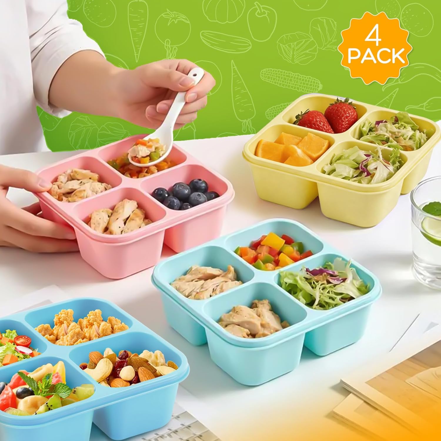 UZIPIN 4 Pack Bento Box Adult Lunch Box, 4 Compartment Meal Prep Container,Wheat Straw Meal Prep Plastic Snack Containers, Food Storage Containers for Work, and Travel