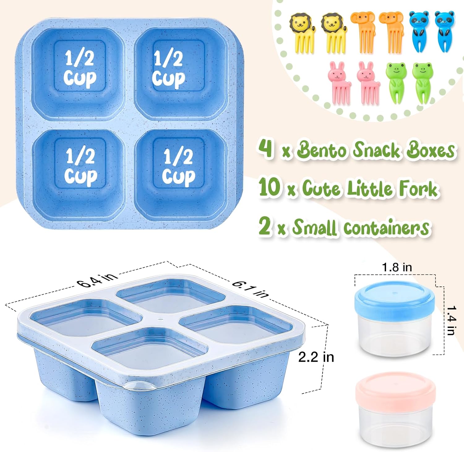 Bento Snack Boxes 4 Pack, Reusable Bento Boxes Kids Adults with 4 Compartments & Fork, Lunch Snack Containers, Wheat Straw Meal Prep Lunch Box, Divided Food Storage Containers for School Work Travel