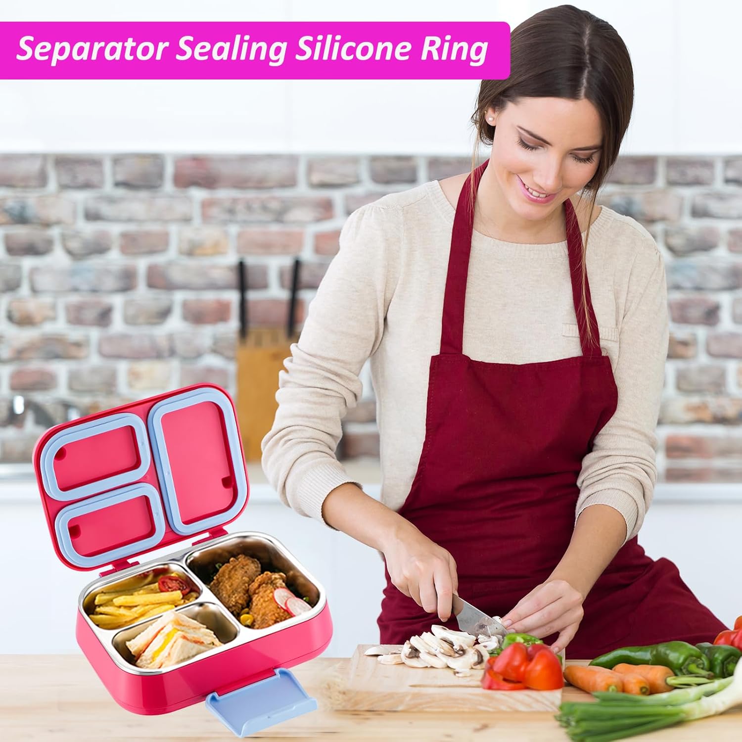 KSOUSLATU Stainless Steel Leakproof Bento Box Kids, Bento Box Kids Leakproof Double Layer 3 Compartment Container 304 Stainless Steel Lunch Box for School and Office(Rose Red)