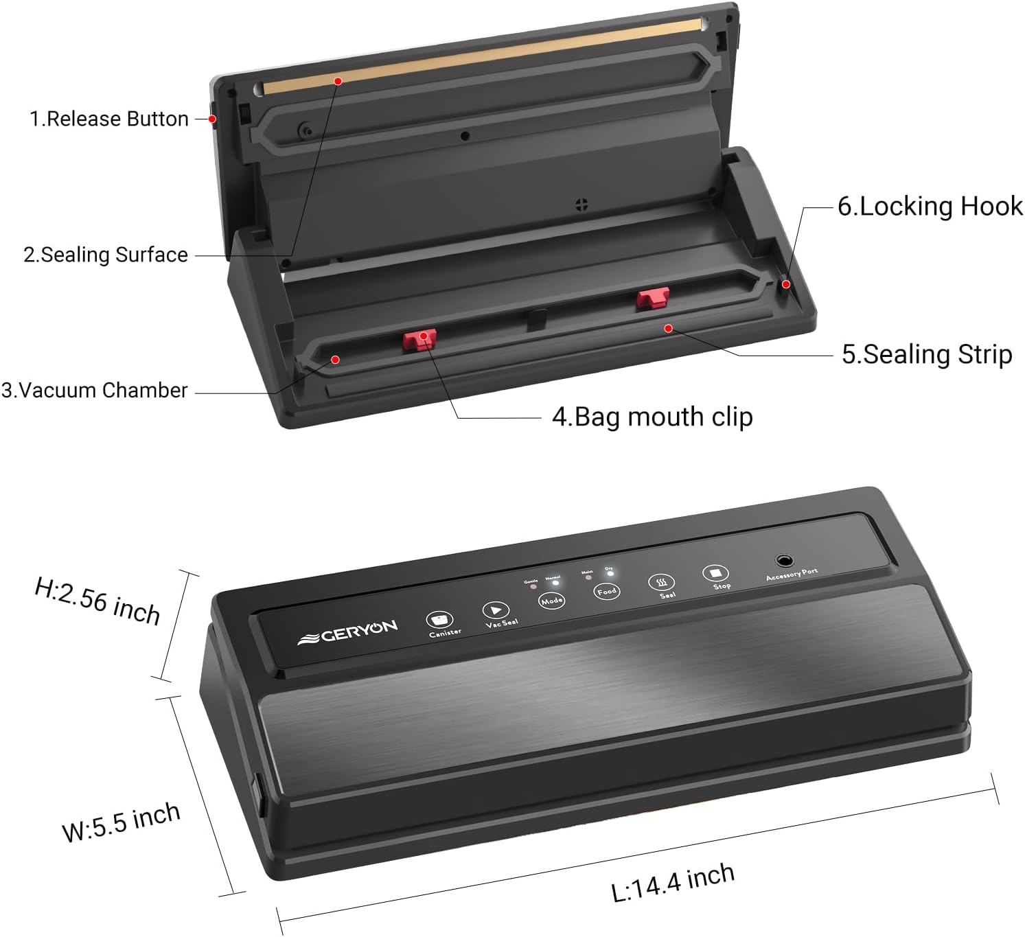 GERYON Vacuum Sealer Machine, Food Vacuum Sealer with Powerful Suction | Slim Design | Easy to Use | Led Indicator Lights for Sous Vide, Meal Prep, w/Starter Kits for Vacuum Seal Container (Black）