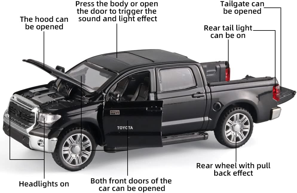 Alternative view of OANMYJJO Toy Pickup Trucks for Boys 1/32 Tundra Diecast Cars Model，Zinc Alloy Toy Pickup Truck，with Sound and Light、Pull Back，Birthday Gifts for Kids Ages 3 Year and UP（Black）