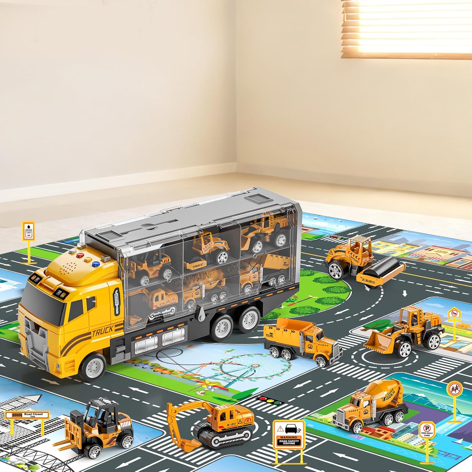 Alternative view of NIPLOOOW Toddler Boys Construction Truck Vehicle Toy Set with Play Mat and Die-Cast Toy Car, Transport Carrier Truck for Kids 3-5, Birthday Gifts Toys for 3-8 Year Old Boys
