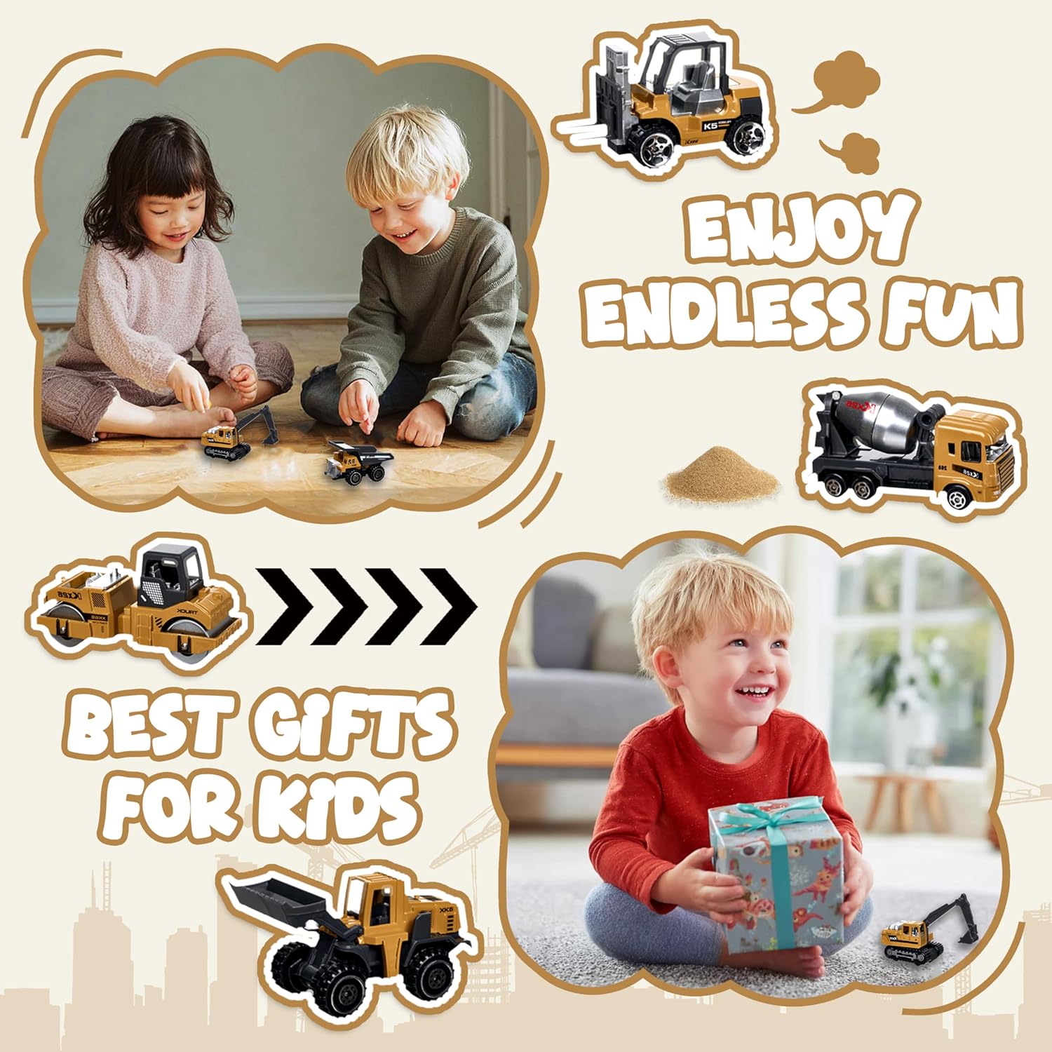 Alternative view of Construction Trucks Vehicles, 6Pcs Die-cast Construction Toys Set, Toys for Boys, Mini Excavator Mixer Truck Bulldozers Forklift Dump Truck,Roller, Car Playset Gift for Boys Age 3-9