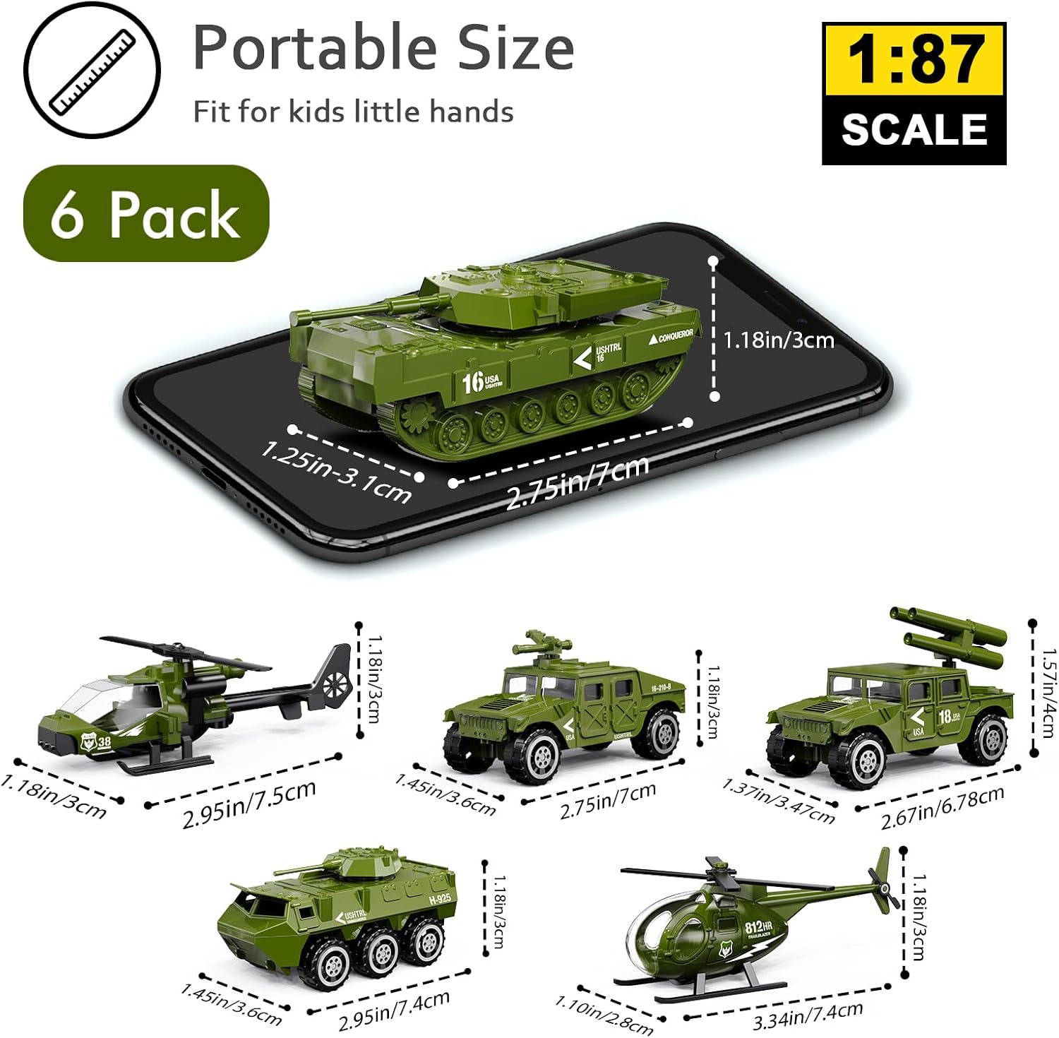Alternative view of Die-cast Military Army Vehicles, 6 Pack Alloy Metal Toy Models Set - Tank, Helicopter, Panzer, Anti-Aircraft Vehicle, Gifts for Kids Boys Age 6 7 8 9 (1:87 Scale)