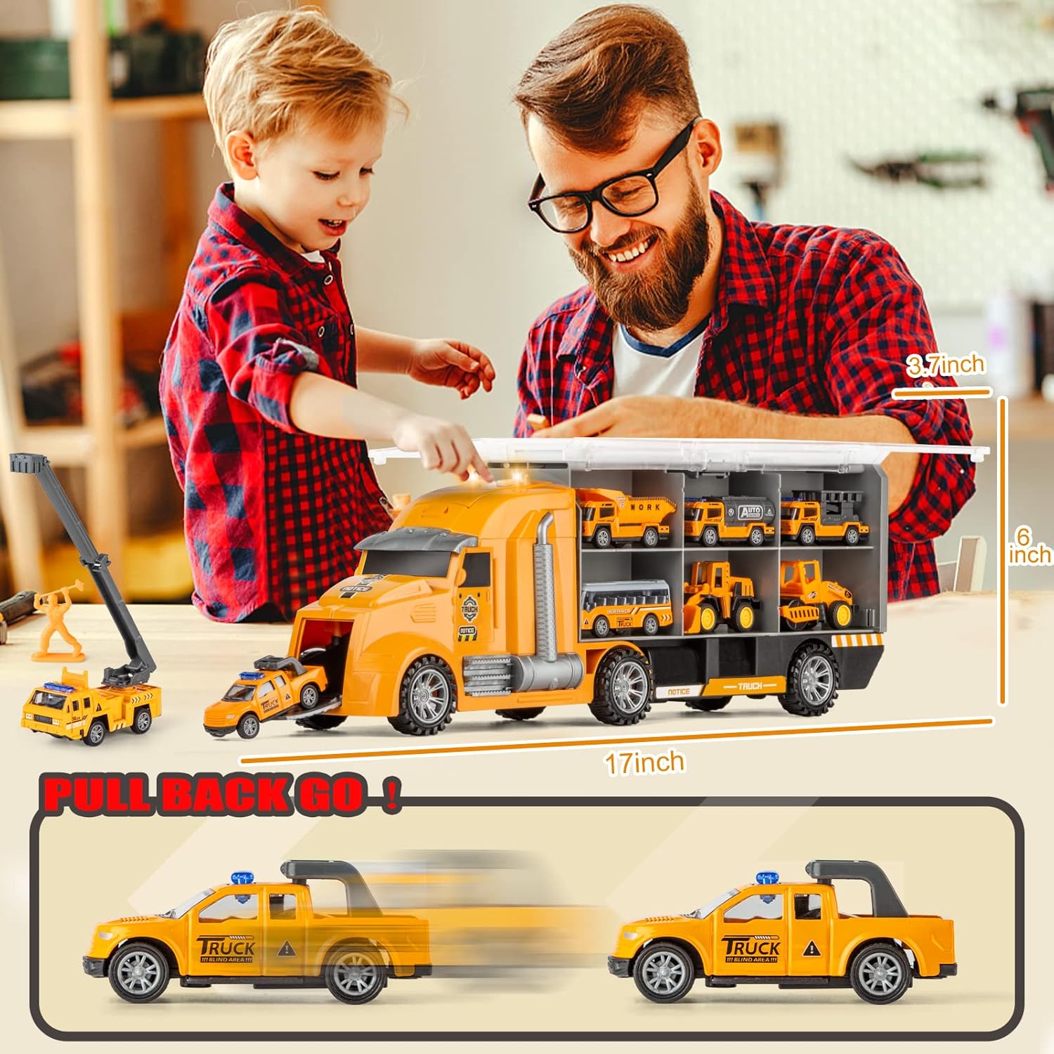 Alternative view of 25 in 1 Die-cast Pull Back Construction Truck Vehicle Toys for 3-7Year Old Boy, Sounds and Lights in Large Carrier Truck, Age3+ Kids Child Boy Toy Cars Birthday Gifts