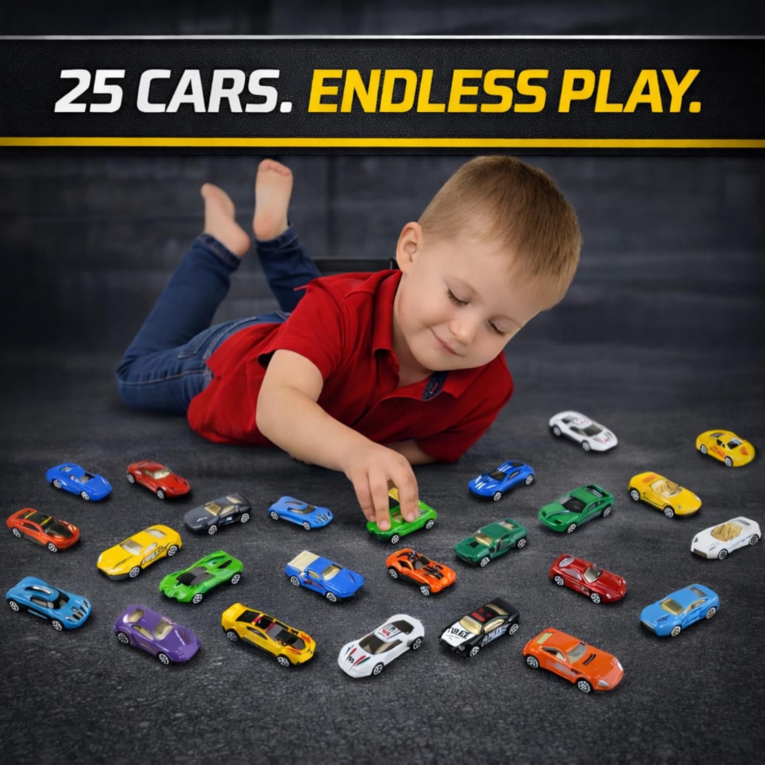 25 Piece Diecast Cars Pack Toy Playset in Storage Carrying Tub - 1:64 Scale Metal Alloy Die-cast Vehicles Collection for Kids