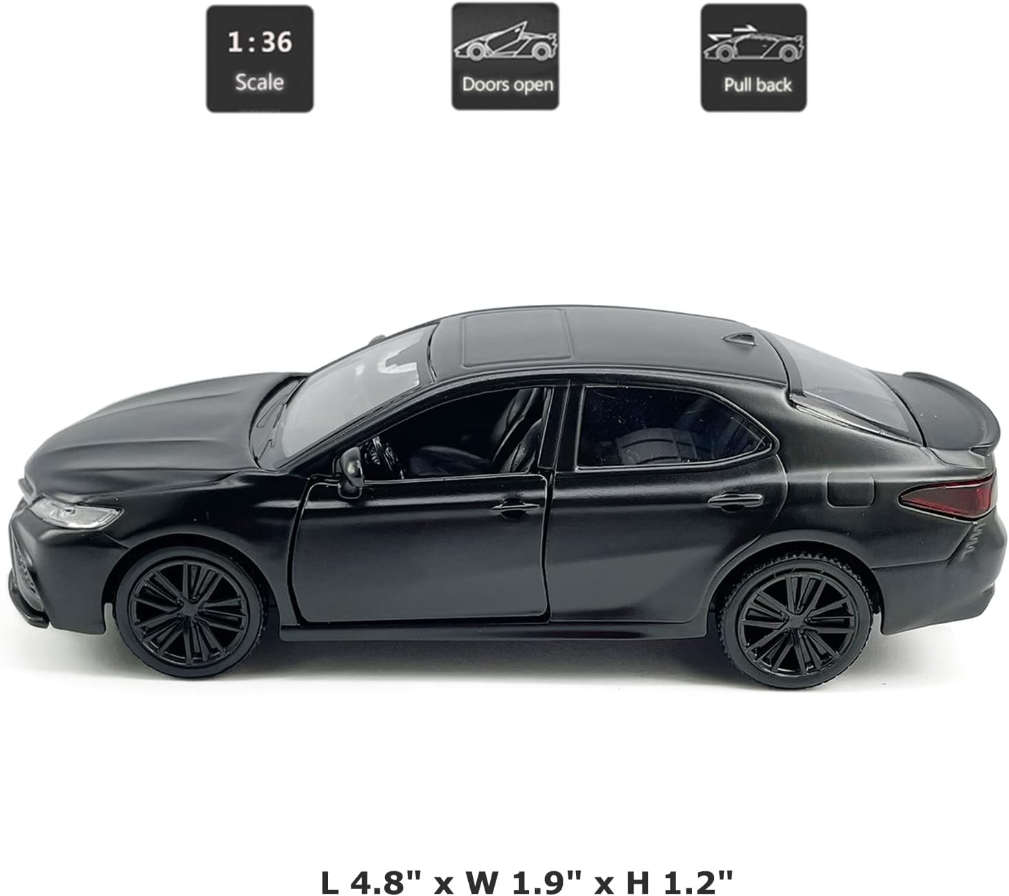Camry XSE 2022 Model Car 1/36 Scale Diecast Toy Cars Metal Alloy Children’s Die-cast Vehicles, Pull Back Doors Open, Black Rim, Collection for Men, Kids Toys for Boys Gifts, matt Black